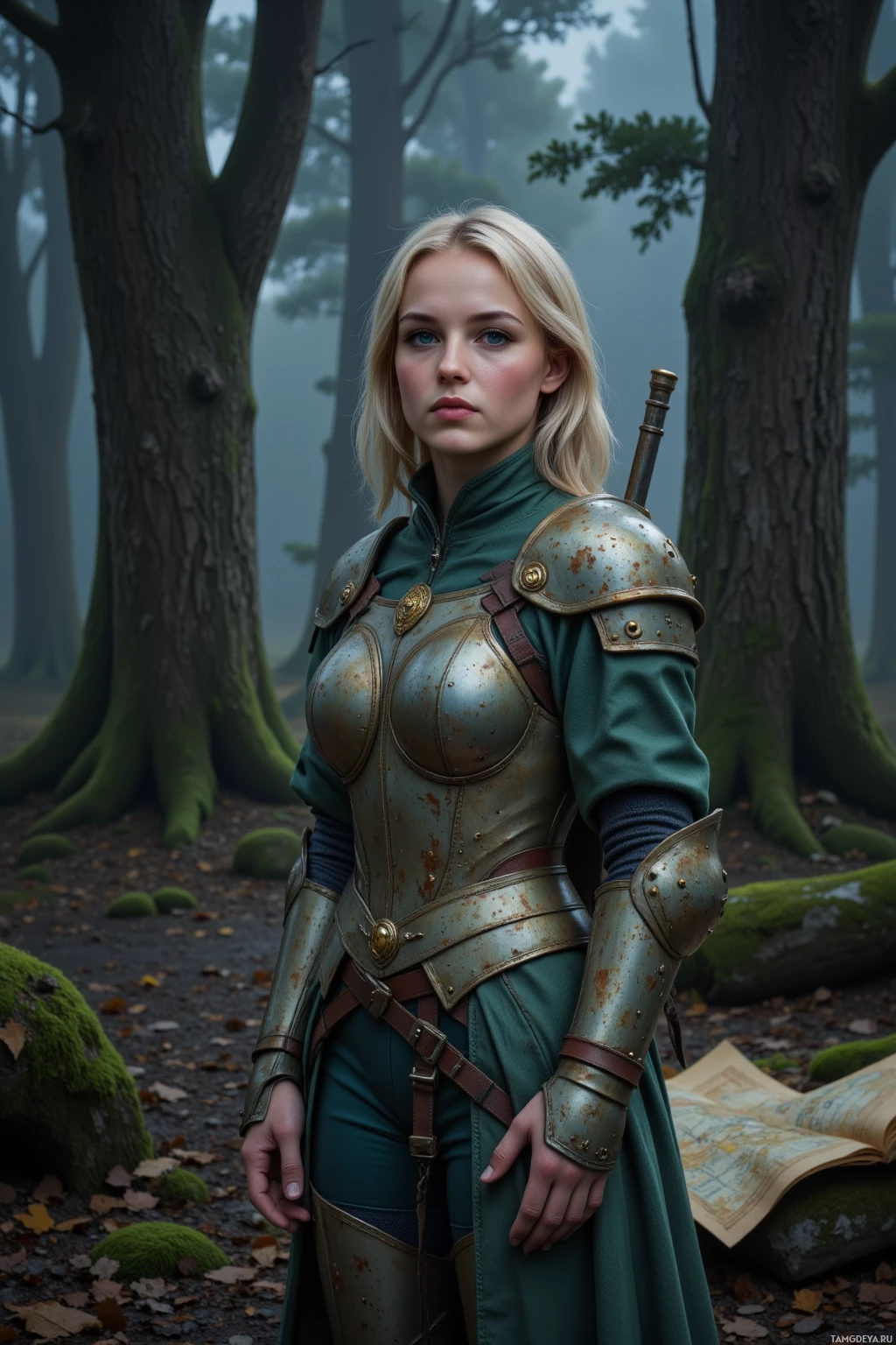 Realistic high quality photo. A slim 27‑year‑old woman with short blonde hair, sharp blue eyes, fair skin, wearing weathered light armor over a muted green tunic and fitted leggings, holding a living map in her palm, standing between two ancient oaks at night in a misty forest, her moss‑slick boots whispering as she listens to the wind.