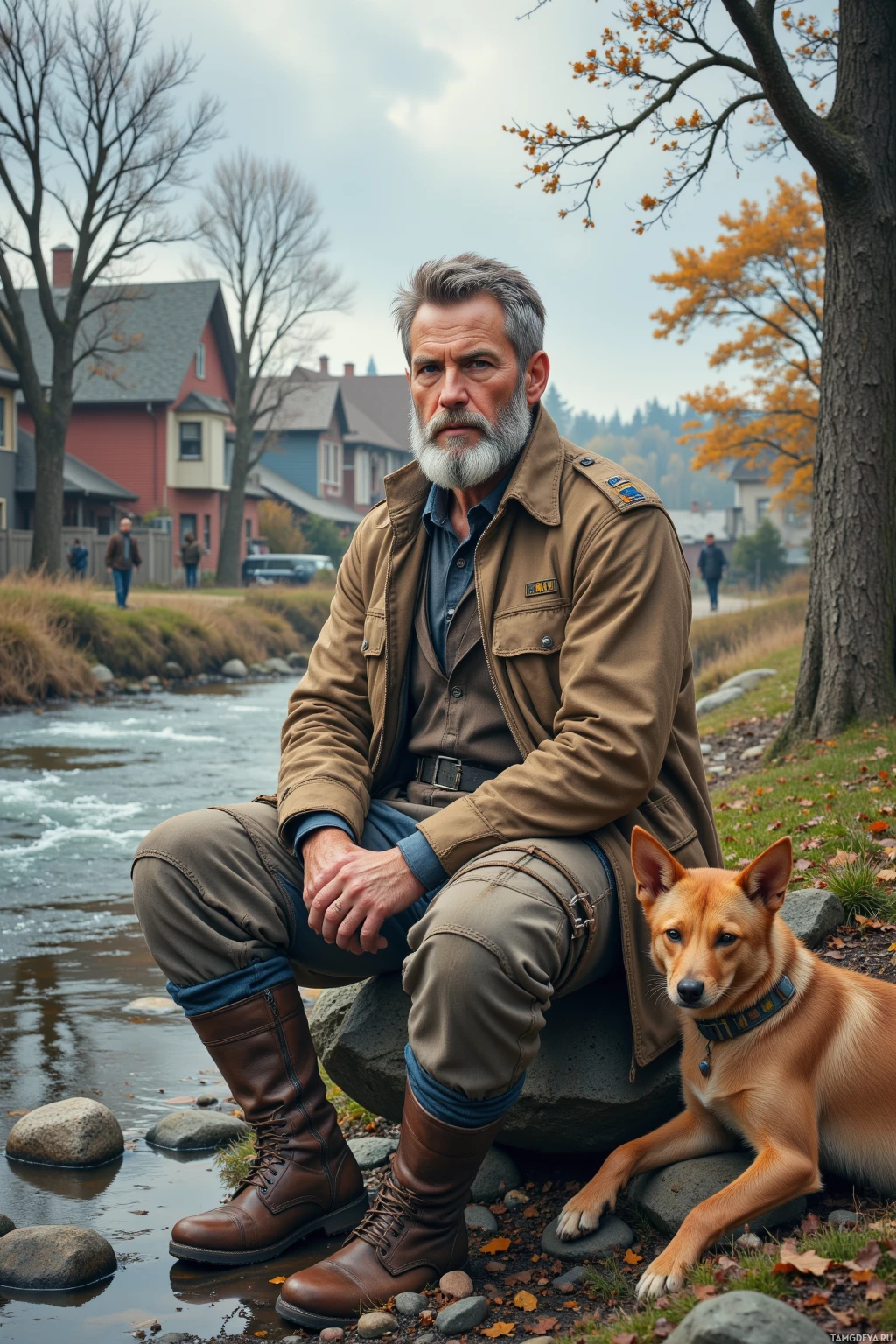 Realistic high quality photo. A 42‑year‑old man with graying hair, long beard, pale complexion and blue eyes, wearing a faded military jacket and rugged boots, sits on a riverbank in the afternoon watching water glide over stones, a lean brown dog beside him, while a few neighborhood children play quietly nearby.