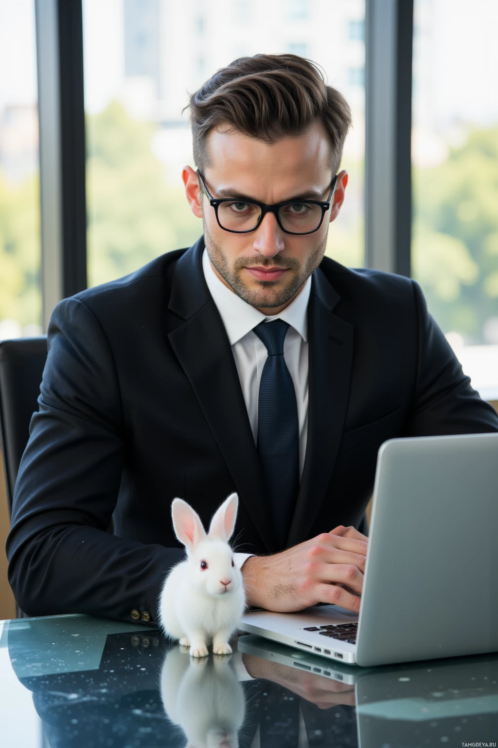 Realistic high quality photo. Male, 39, neatly slicked-back dark brown hair, piercing green eyes behind sleek glasses, strong jawline, wearing a tailored black suit with crisp white shirt and minimalist tie, sitting at a glass conference table in a modern boardroom with laptop open showing market charts, observing a small rabbit quietly move across the tabletop as early afternoon light streams through floor-to-ceiling windows.