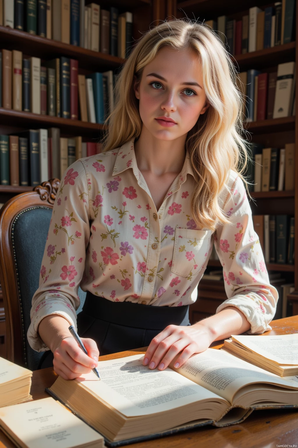 Realistic high quality photo. A 34‑year‑old woman with curly blonde hair, blue eyes, pale skin, wearing a pastel blouse and fitted black skirt, sits at a sunlit wooden desk in a quiet study, surrounded by stacks of antique books, meticulously cataloguing an 1888 first edition with a magnifying glass, her hand hovering over a faded bookmark while she scribbles notes on marginalia, her expression scholarly and wistful.
