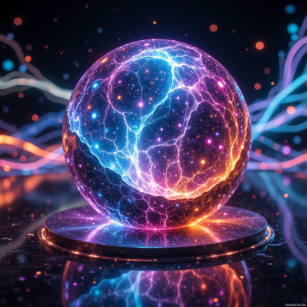Semi-abstract image with many light, that is suitable for the post:  Polished 8‑inch sphere with a delicate graphene filament lattice, refracting vibrant shifting colors into a living kaleidoscope of data streams, its sleek metallic surface gleaming, translucent layers revealing subtle glowing circuits, and a static tactile map mode displayed as a structured color grid.