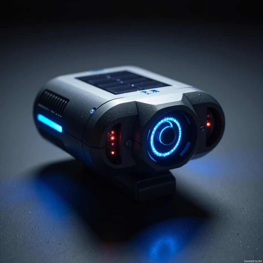 Semi-abstract image with many light, that is suitable for the post:  hand‑size titanium alloy device with matte black chassis, faint blue glow from vented surfaces, integrated solar panels and a polymer extrusion nozzle, sleek compact design.