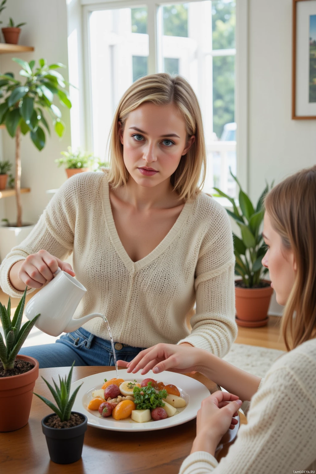 Realistic high quality photo. woman 23 with shoulder-length blonde hair and bright blue eyes wearing a soft sweater and jeans sits in a sunlit living room surrounded by potted succulents, gently watering them from a ceramic pitcher while listening to a friend over lunch on a wooden table.