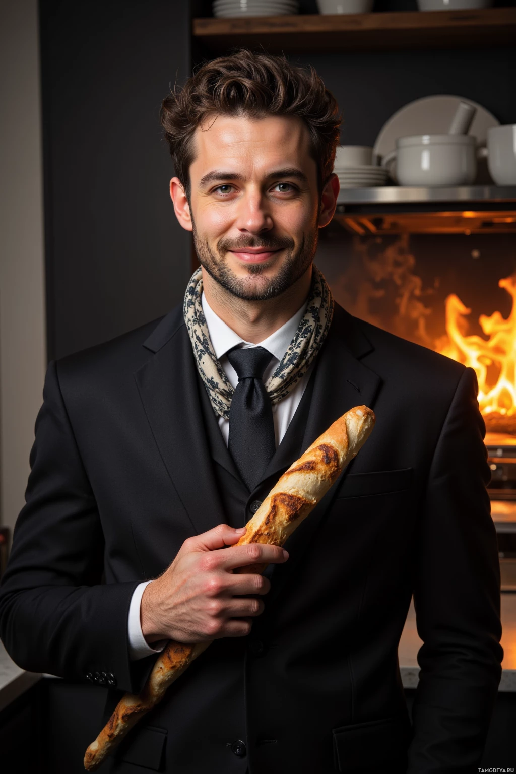 Realistic high quality photo. Tall man, 31, curly dark hair, piercing blue eyes, fair skin, well‑groomed mustache, wearing a slim‑fit black suit, crisp white shirt, patterned scarf, carrying a baguette, standing in a contemporary kitchen with an open oven emitting warm orange glow on a slightly burnt crust, steam curling around a flambéed dish, smiling confidently in a relaxed, modern realism setting.