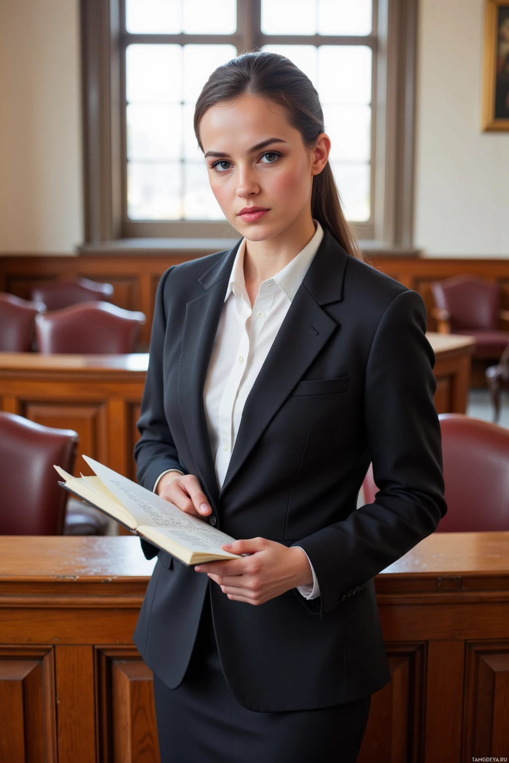 Realistic high quality photo. Confident 32‑year‑old woman with long sleek black hair in a neat bun, bright blue eyes, porcelain skin, refined elegant features, wearing a tailored black blazer, crisp white blouse, black pencil skirt, black pumps, and a bold statement necklace, standing at a polished courtroom lectern with rows of wooden benches, holding a legal brief and pointing to evidence, exuding calm intelligence and unwavering determination in natural daylight from tall windows.