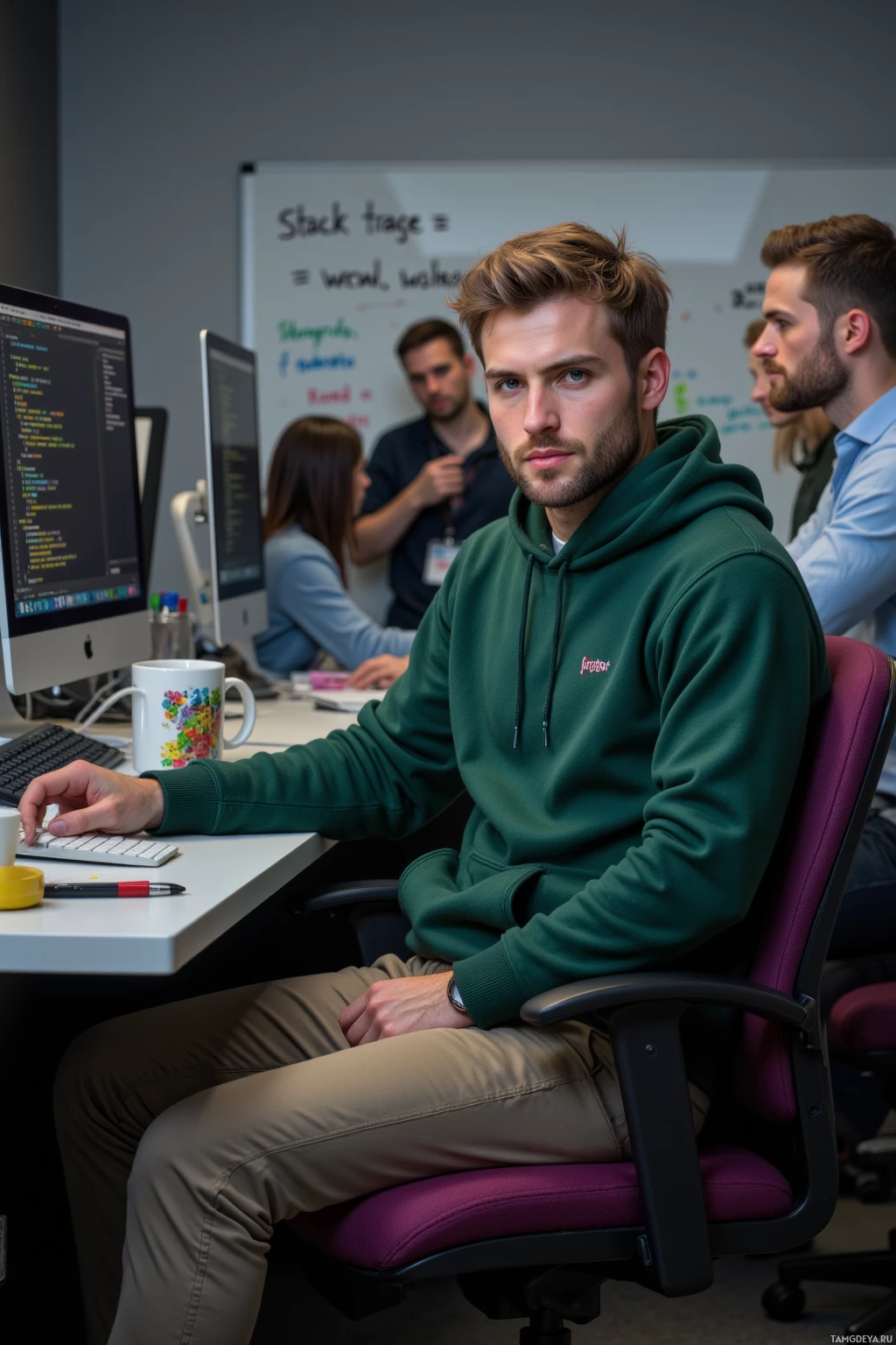 Realistic high quality photo. Man with short light brown hair, blue eyes, pale skin, wearing a casual green hoodie and simple pants, sitting at a modern desk with dual monitors showing code and a terminal, a coffee mug in hand, a whiteboard with a stack‑trace joke in the background, collaborating with colleagues around him in a late‑evening office setting.