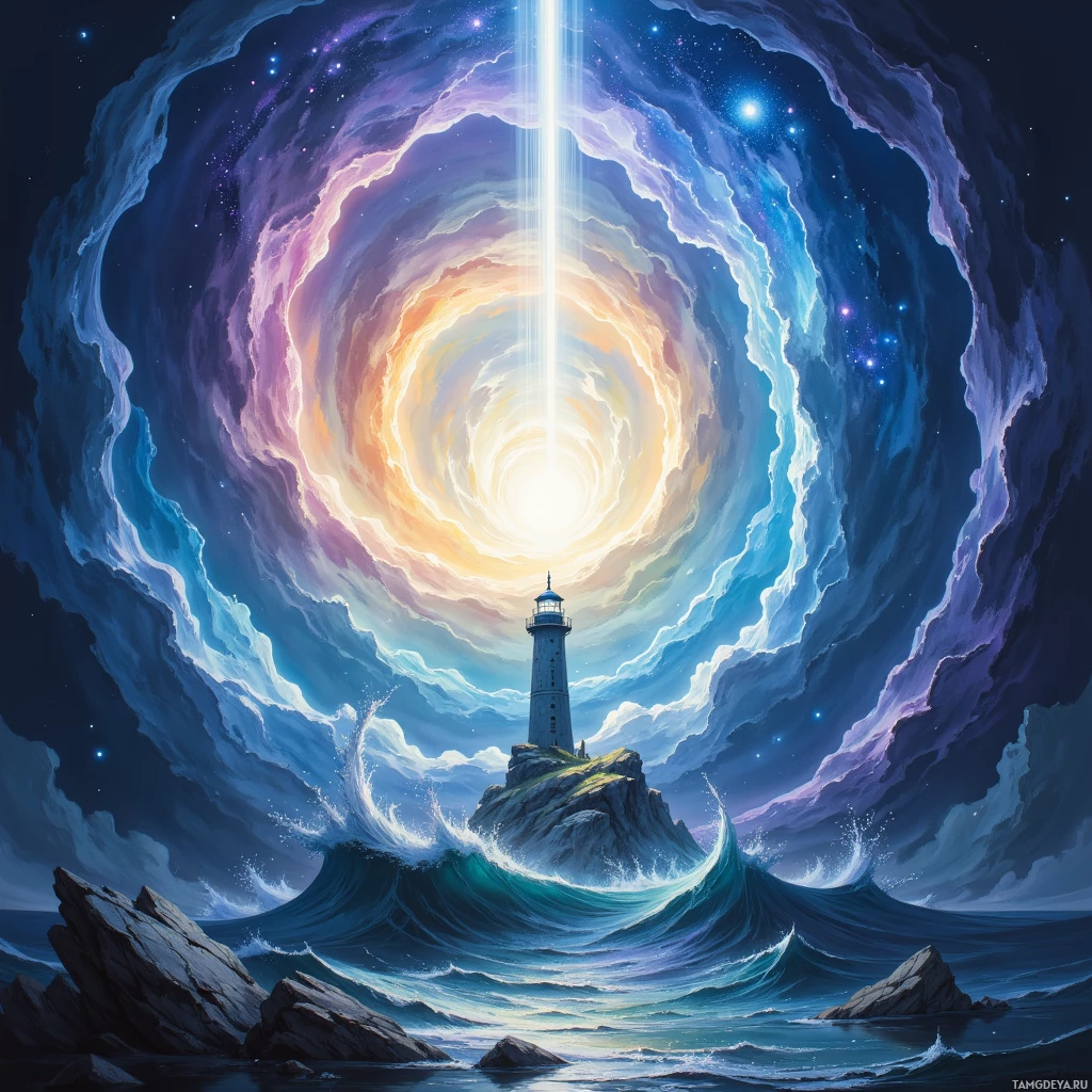 Semi-abstract image with many empty light space at center of beautiful background, that is suitable for the post:  Every semicolon is a tiny lighthouse guiding rogue loops through stormy recursion.
