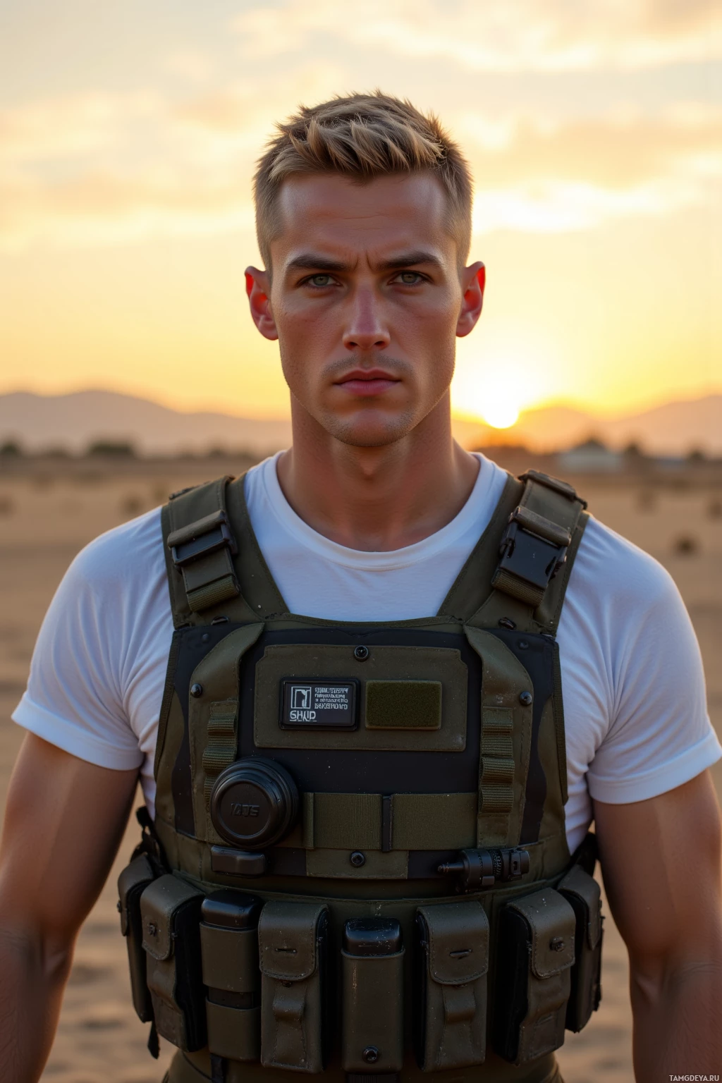 Realistic high quality photo. Male 27 with short blonde buzz cut and striking blue eyes, wearing a tactical vest over a plain white shirt, standing on an open training ground at sunset sharpening rifle sights while briefing his disciplined squad in focused calm.