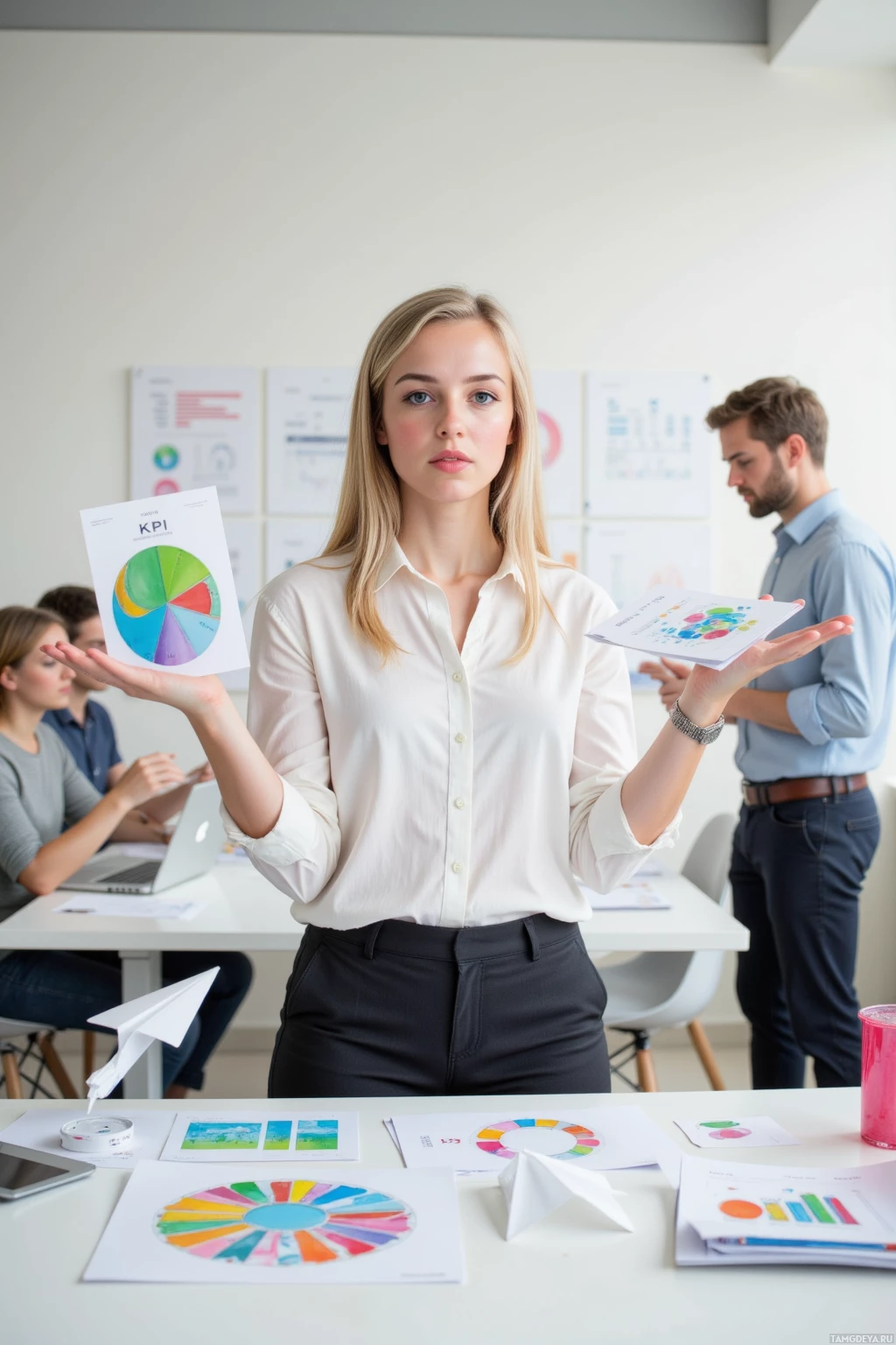 Realistic high quality photo. A vibrant 25‑year‑old blonde woman in a crisp white blouse and dark trousers stands in a bright modern office, juggling spreadsheets, painting a KPI slide into a colorful art piece, dancing lightly while drafting a campaign outline, with a paper airplane timeline hovering beside her desk and her teammates watching.