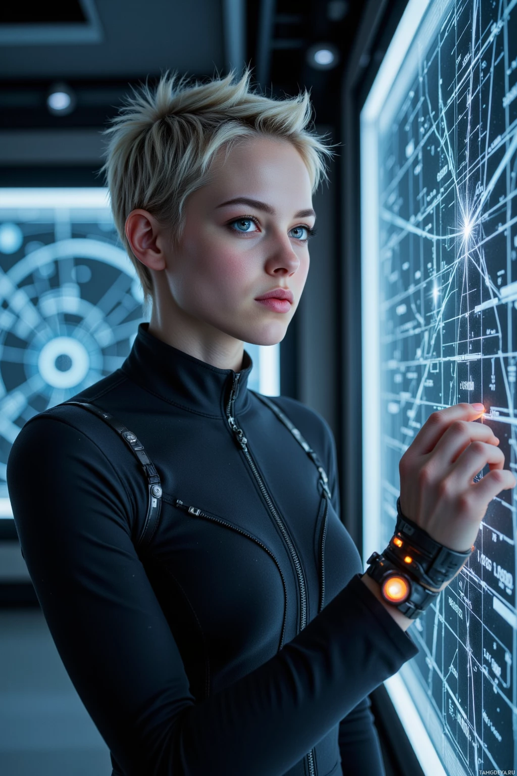 Realistic high quality photo. Woman, 30, short spiky blonde hair, striking multicolored eyes, pale skin with a faint digital halo glow, wearing a sleek black jumpsuit with metallic accents and a glowing cybernetic interface on her wrist, stands in a futuristic quantum annealer lab at night, surrounded by humming cooling coils, with data visualized as starlight dancing across a lattice, she meticulously traces each microstep with tense but focused posture as a soft metronomic hum fills the air.