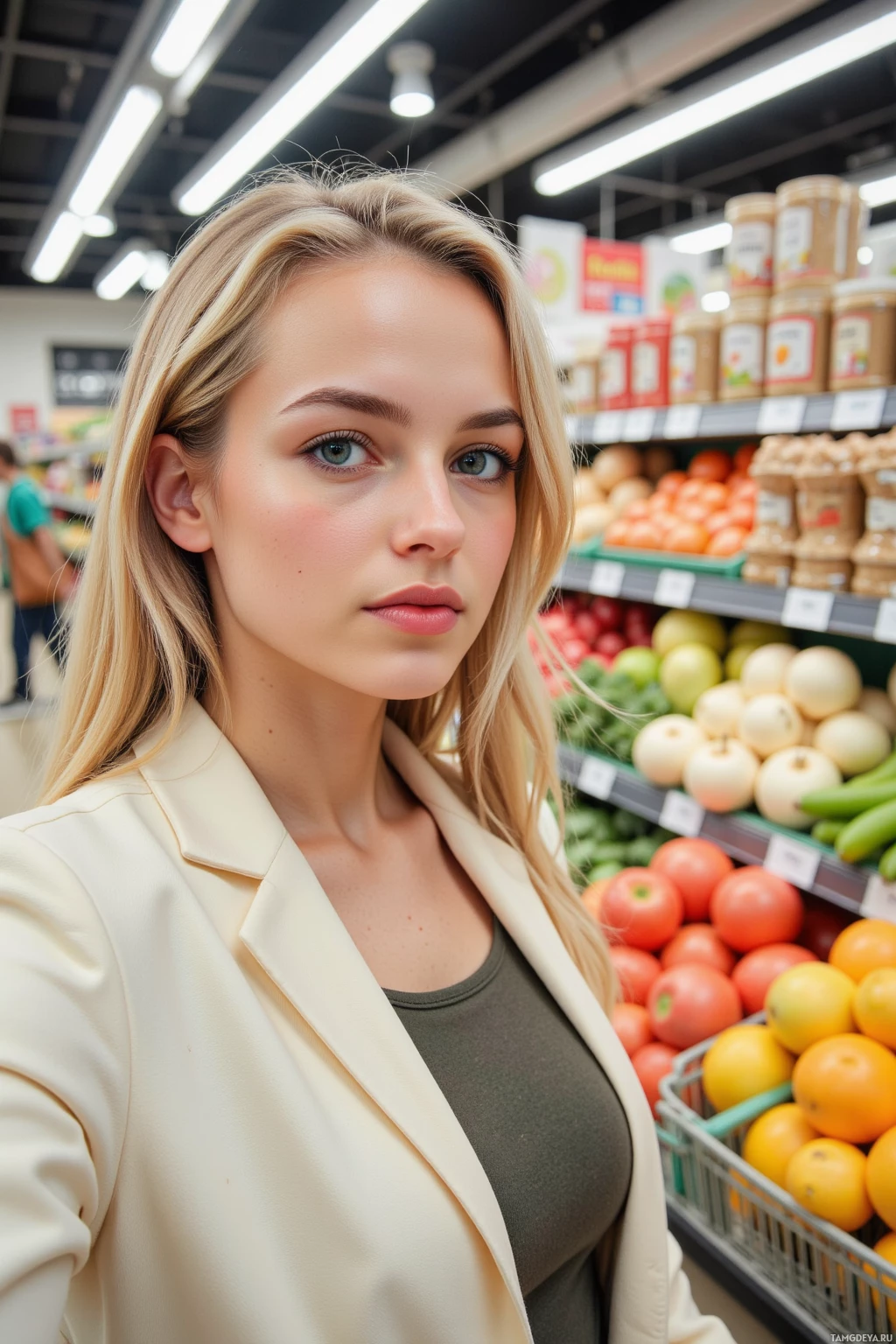 Человек делает селфи в продуктовом магазине на фоне свежих овощей и фруктов.