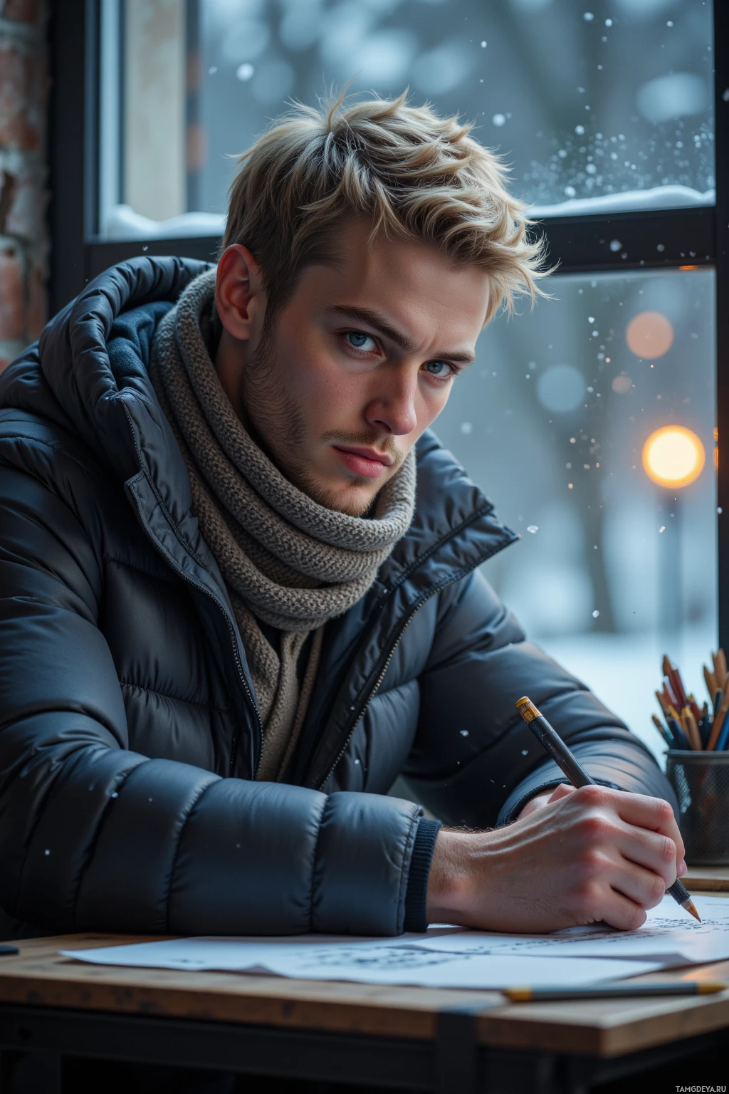 Realistic high quality photo. 26-year-old man with light blonde hair, calm blue eyes, pale skin, wearing a padded winter jacket and thick scarf, sits at an indoor desk in a modern apartment sketching on paper while a streetlamp outside stubbornly glows through frosted window glass, cold air visible as white mist, quiet introspective mood.