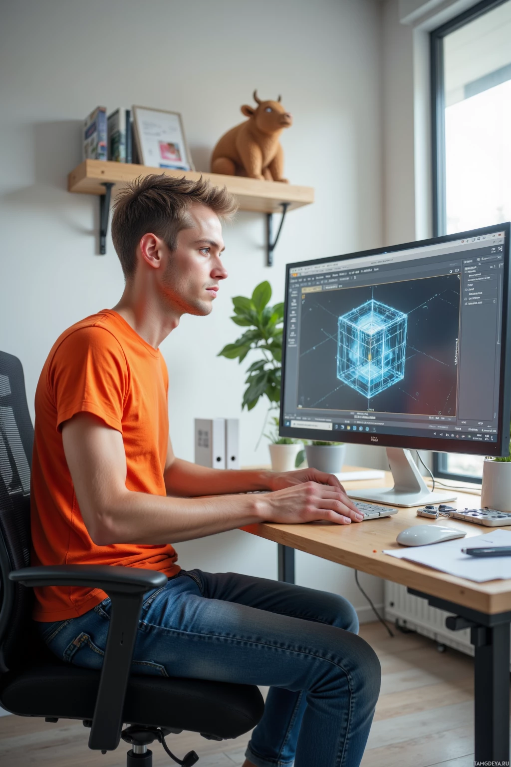 Realistic high quality photo. A 28‑year‑old man with short spiked light brown hair, blue eyes, orange t‑shirt and jeans sits at a tidy office desk, staring at a computer screen displaying a wireframe cube while a tiny cube‑cow sits on a nearby shelf, a message window shows a screenshot being sent, the room bathed in daylight, reflecting efficiency and minimalism.