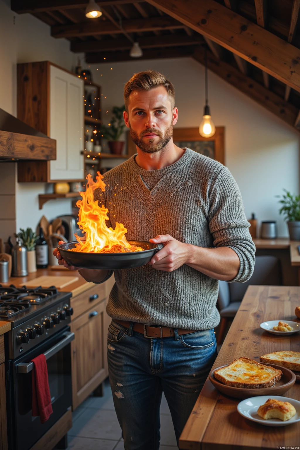 Realistic high quality photo. 30-year-old man with thick blonde beard, short blond hair, blue eyes, round face, wearing a cozy knitted sweater and faded jeans, standing in a modern living‑room kitchen hybrid; he holds a sauté pan erupting like a small volcanic burst of saffron, a plate of burnt toast beside him, faint shadow of loose attic floorboard hinting at hidden secrets, overhead light casting soft shadows.