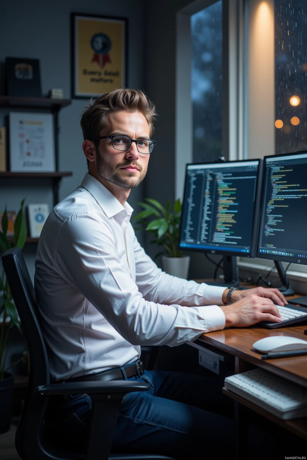 Realistic high quality photo. A 31‑year‑old man with neatly styled light brown hair, green eyes behind thin‑rimmed glasses, sharp angular features, wearing a plain white shirt and dark blue jeans, sits at a desk in a modern home office at night, rain patters against the window, a humming computer monitor displays lines of code, a sticky note reads “every detail matters”, an empty email inbox is visible on the screen, and his focused, proud posture reflects meticulous programming.
