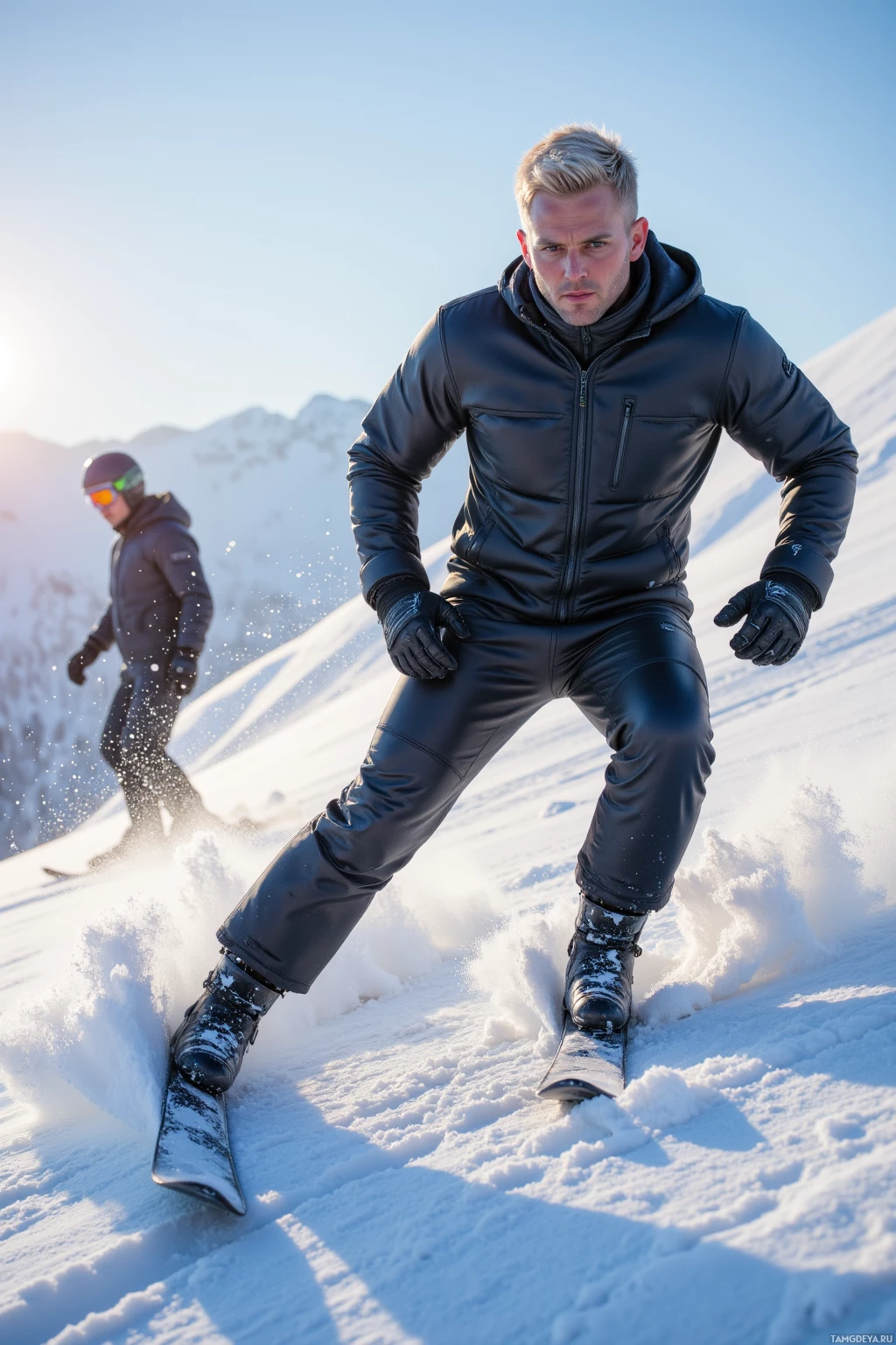 Realistic high quality photo. Man with short white hair, piercing blue eyes, athletic build in a sleek black winter jacket and matching ski pants performing a sharp turn down a fresh powder slope at dawn while coaching a new athlete standing on the edge of the run.