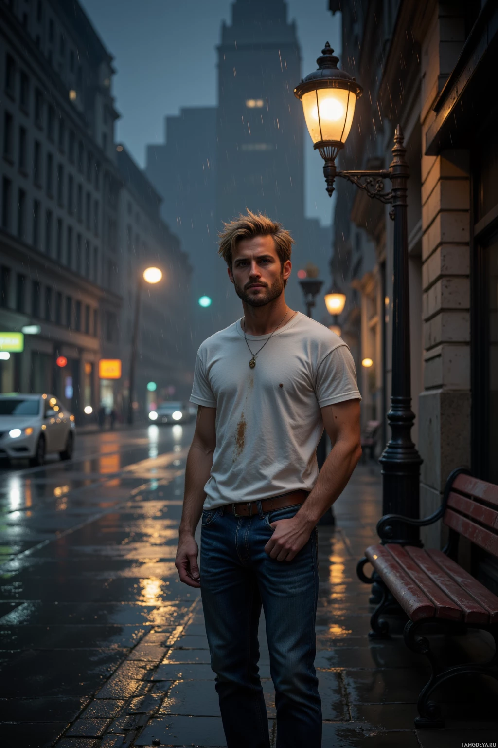 Realistic high quality photo. Male, 32, messy blonde hair, calm blue eyes, angular face with high cheekbones and strong jawline, wearing faded white T‑shirt and worn jeans, standing on a rain‑soaked city street at dusk beside a quiet bench under flickering streetlight, smiling aloofly while watching light reflect on wet pavement.
