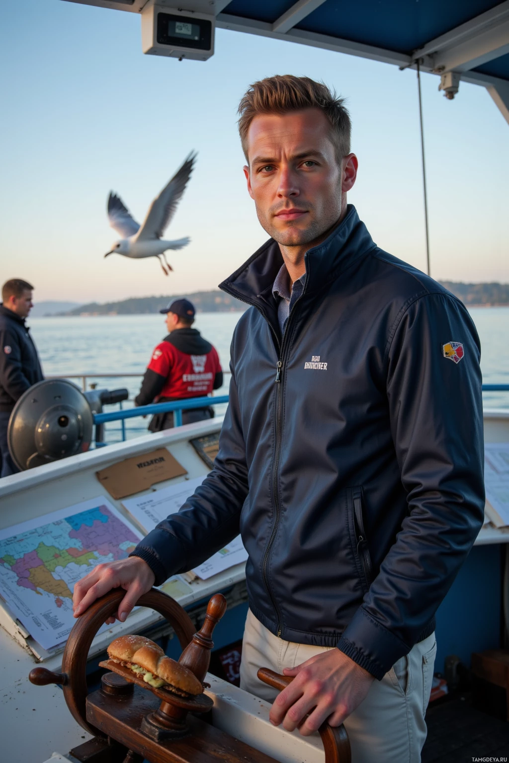 Realistic high quality photo. Man, 40, neatly styled blonde hair, blue eyes, fair skin, wearing a crisp navy jacket and matching trousers, standing at the helm of a modern cargo ship’s deck in calm early morning light, gazing toward a distant horizon with charts spread before him as crew members subtly follow his gentle nudges, while a gull swoops nearby stealing a sandwich, evoking a quiet amused grin.