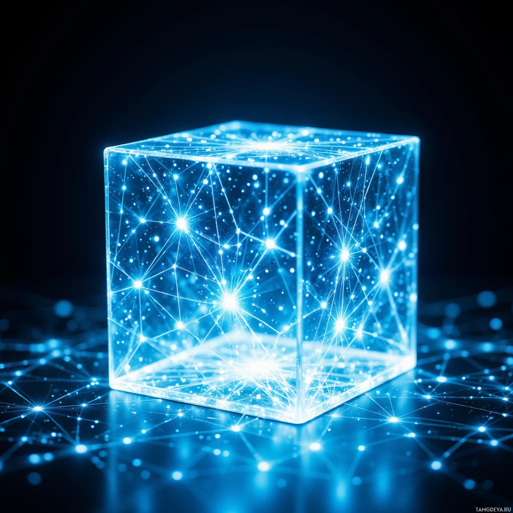Semi-abstract image with many light, that is suitable for the post:  Sleek transparent glass cube with polished edges, projecting a glowing holographic network of interconnected nodes and lines in soft blue and cyan hues, touch‑responsive surface displaying vivid data streams, minimalist futuristic design.