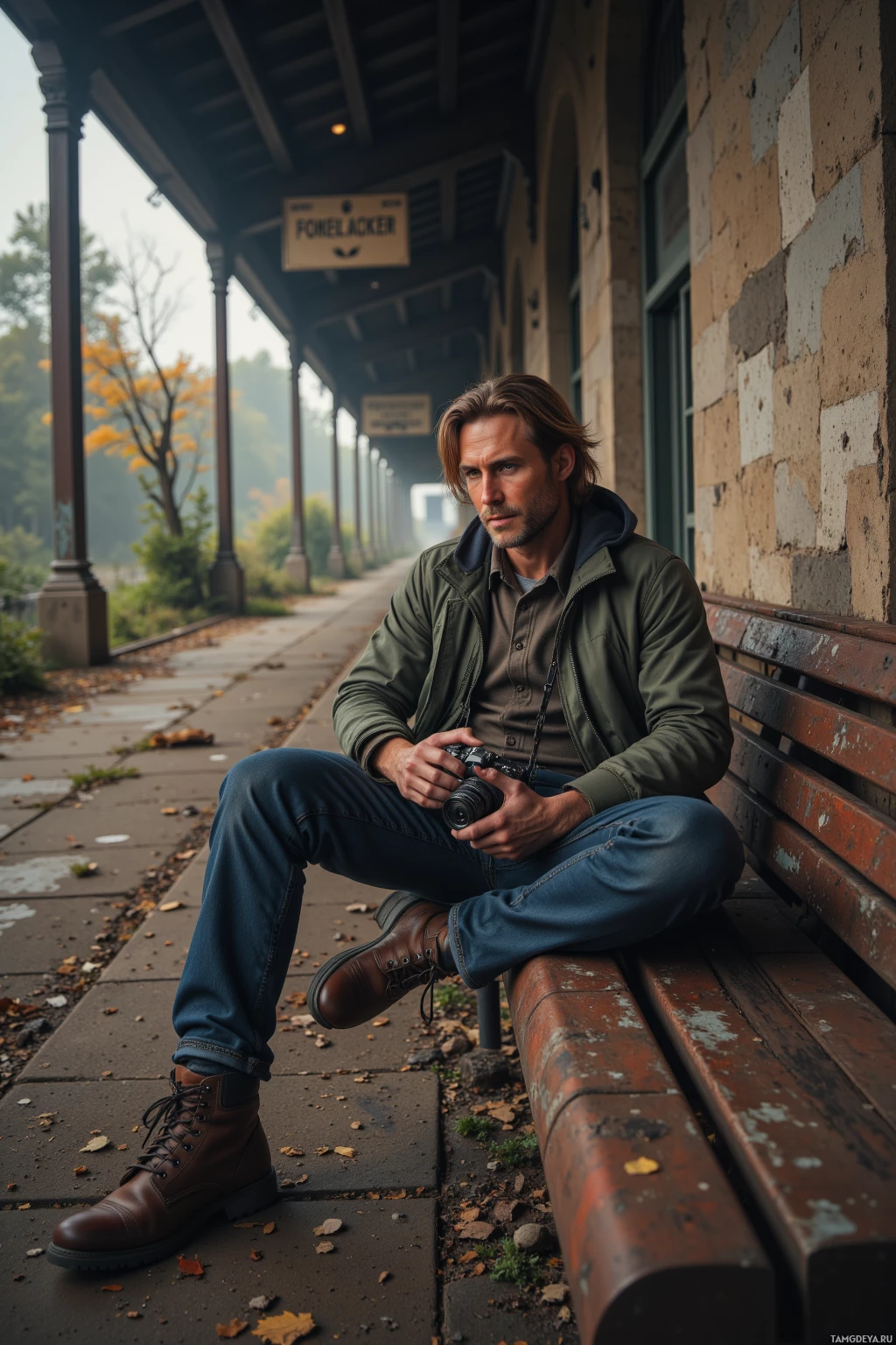 Realistic high quality photo. Tall 33‑year‑old man with shoulder‑length light brown hair, deep green eyes, tanned skin, wearing worn hiking boots, a weathered jacket, and a camera hanging from his neck, sits on a rusted bench in an abandoned train station, gazing at a flickering old paper sign amid quiet decay under late afternoon light filtering through broken windows.