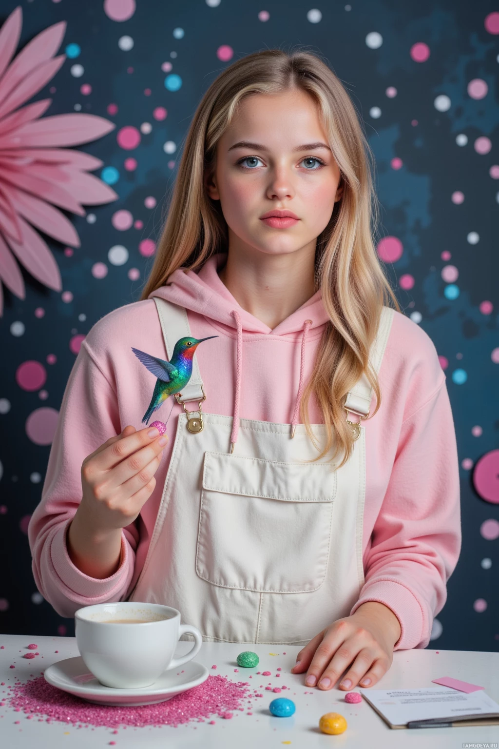 Realistic high quality photo. Female 22-year-old with long blonde hair, blue eyes, wearing a pastel pink hoodie and white overalls, stands in a late‑night studio cluttered with exploded confetti and perfectly aligned glitter beads, holding a sugar‑kissed miniature hummingbird midflight off a desk while a bubble‑tea cup with foam sits beside her.