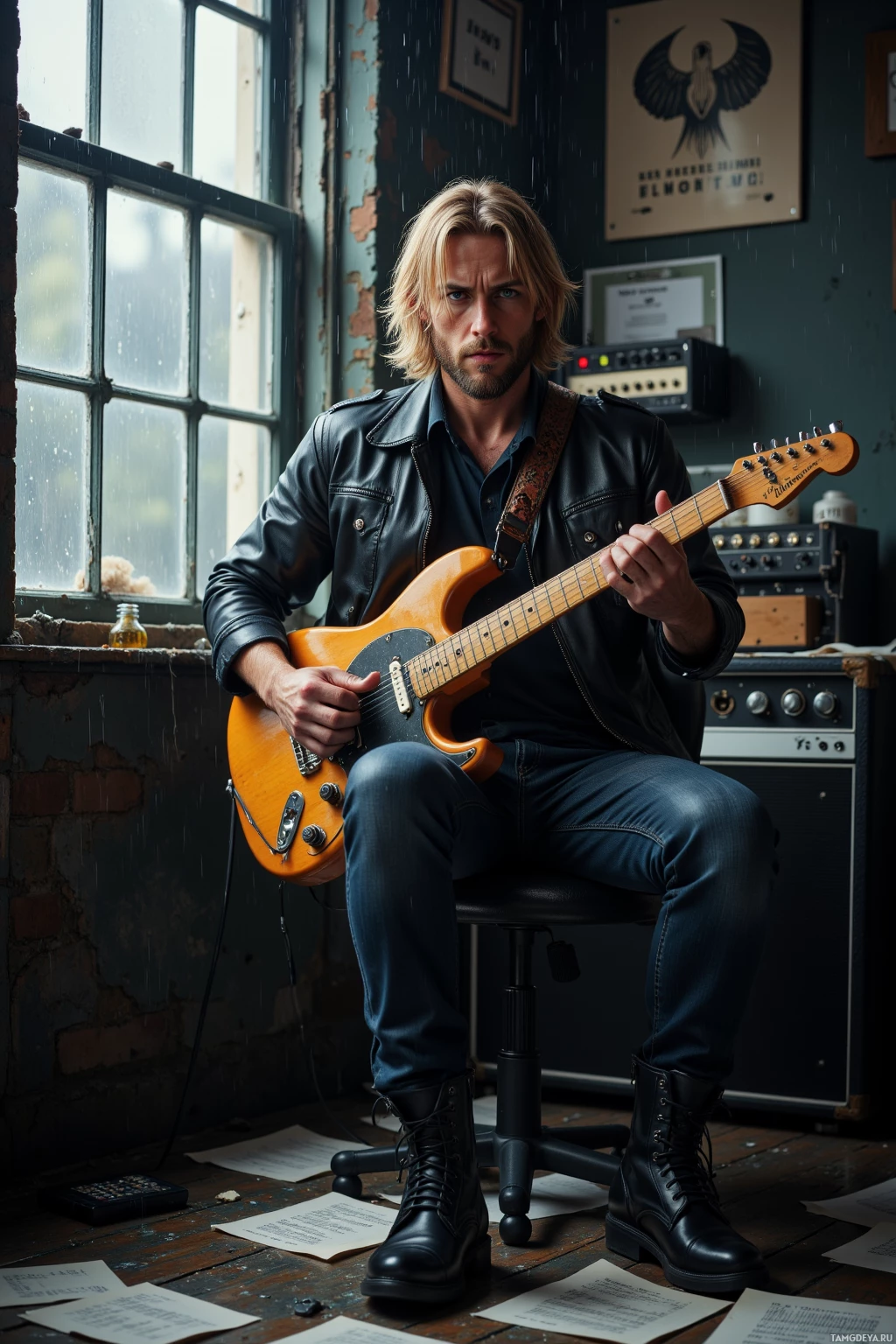 Realistic high quality photo. A 32‑year‑old rugged male with shoulder‑length blonde hair, piercing blue eyes, pale skin, a rugged beard, wearing a black leather jacket, jeans, and combat boots, sits in a dimly lit back corner of a music studio, tuning an electric guitar while rain beats against the window, surrounded by scattered sheet music and a humming amp, exuding defiant, emotional intensity.