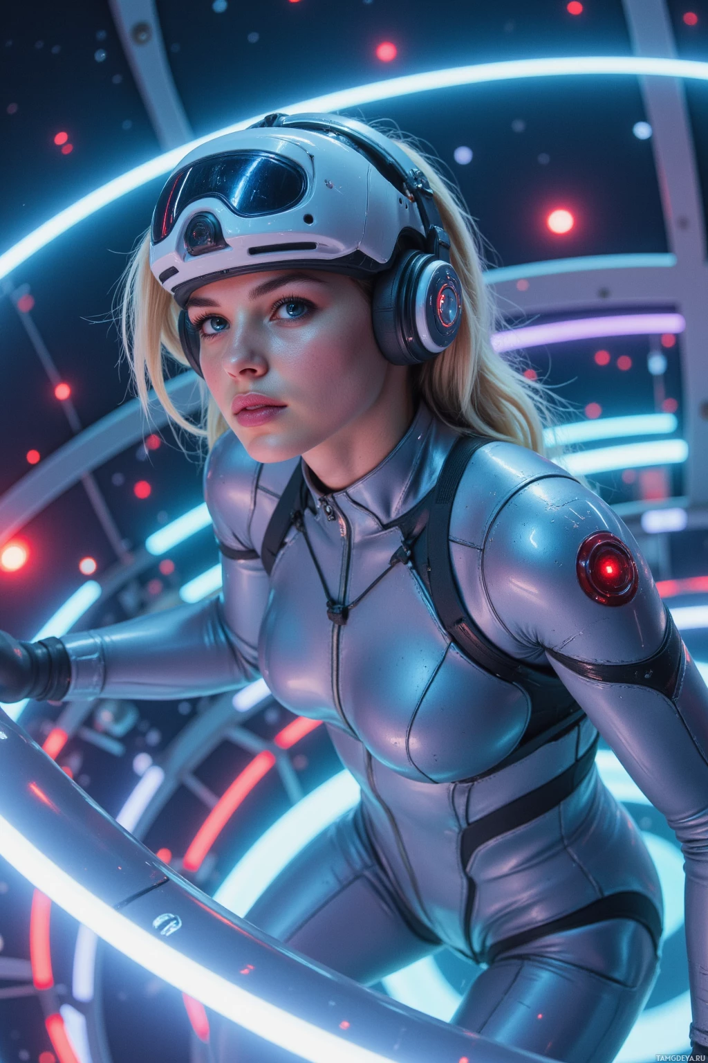 Realistic high quality photo. female 26 with light blonde hair, bright blue eyes, wearing a sleek aerodynamic VR piloting suit, drifting at midnight around glowing orbital rails inside a dynamic holo‑grid, motion blur streaks highlighting her focused, thrill‑seeking expression.
