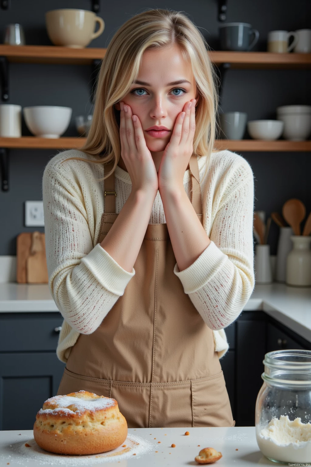 Realistic high quality photo. 23‑year‑old woman with layered blonde hair, blue eyes, light skin, wearing a cream cable‑knit sweater and flour‑dusted beige apron over rolled‑up jeans, standing in a modern kitchen at midnight surrounded by 342 cookie cutters on the wall, a stack of mixing bowls on the counter, a collapsed soufflé on the table, flour dust floating, a sourdough starter in a jar on the counter, she cries on the kitchen floor with her hands on her cheeks.