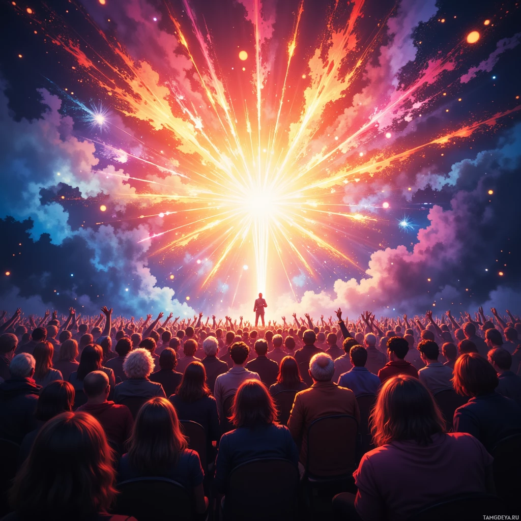 Semi-abstract image with many empty light space at center of beautiful background, that is suitable for the post:  Audience chuckles erupt like fireworks in a pocket of silence, while my forgotten punchlines hide beneath my boots.