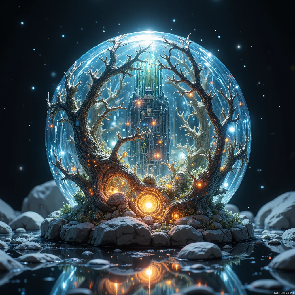 Semi-abstract image with many light, that is suitable for the post:  Palm-sized translucent glass sphere packed with intricate glowing micro‑chips, nano‑circuits, and delicate crystalline lattice panels forming a self‑replicating habitat module.