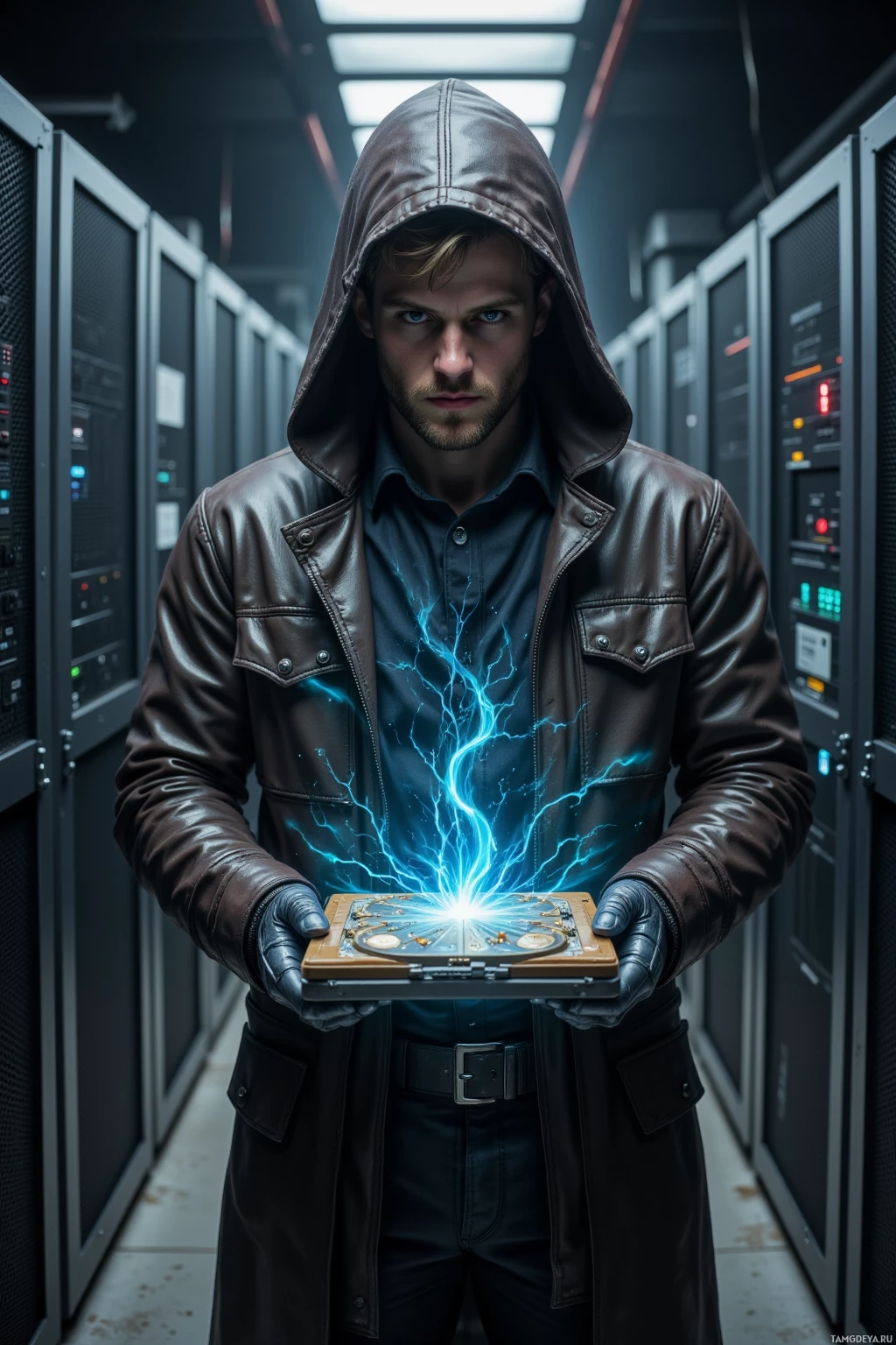 Realistic high quality photo. Male, 32, short light brown hair, blue eyes, wearing a thick hooded leather jacket and metal gloves, standing in a dim abandoned server room lit by flickering emergency lights, coaxing an oxidized SSD into a shrine that aligns signal angles while humming half‑decompiled phrases, with a holographic fragment of a legacy kernel projected nearby, late‑night between corrupted clock cycles.