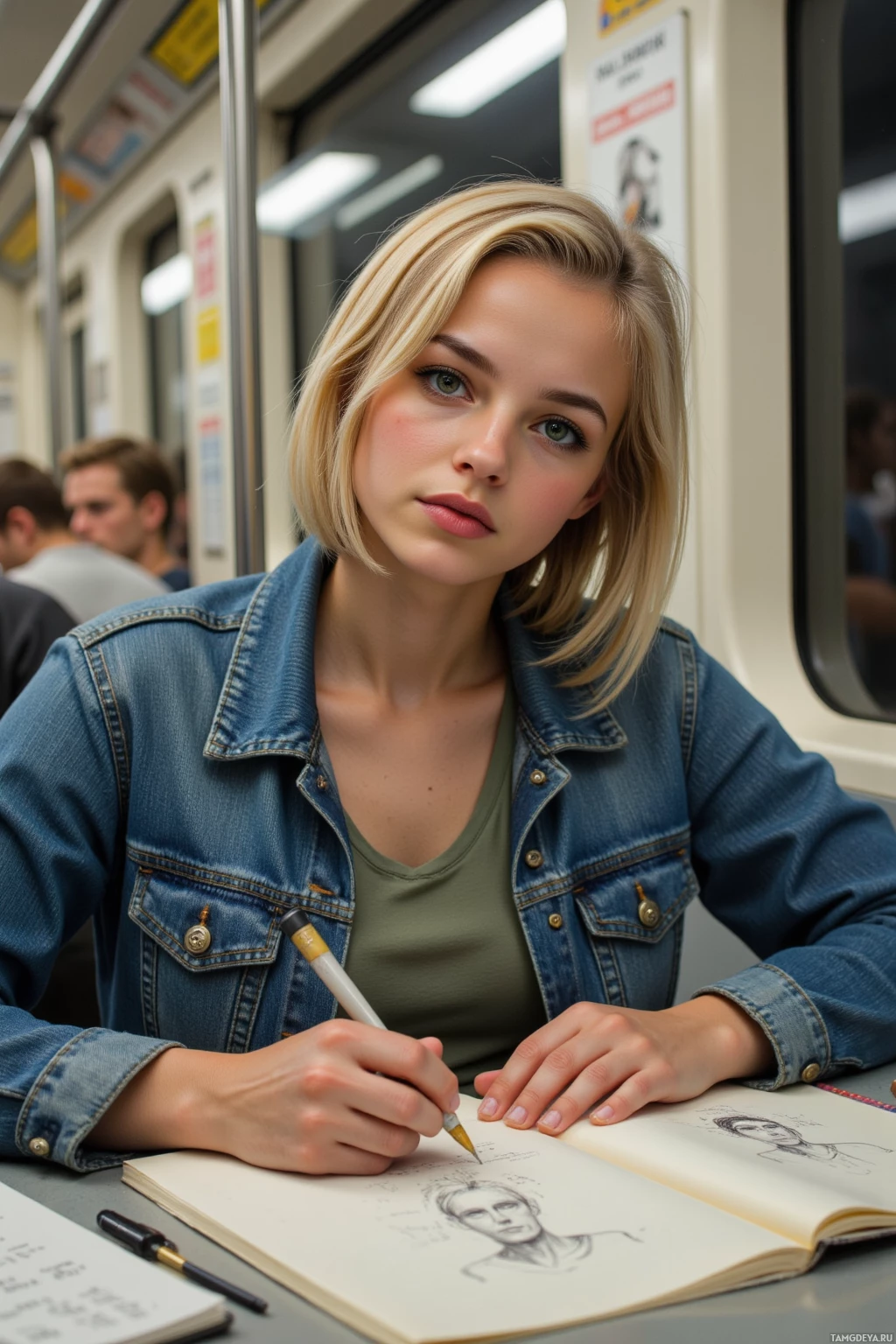 Realistic high quality photo. A 26‑year‑old woman with a blonde bob, bright green eyes, fair skin, fresh facial features, wearing a casual tee and denim jacket, sits on a late‑night subway seat surrounded by scattered handwritten notes and sketchpads, sketching random characters as they pass by, her desk overflowing with creative chaos, her enthusiastic expression illuminating the dimly lit train car.