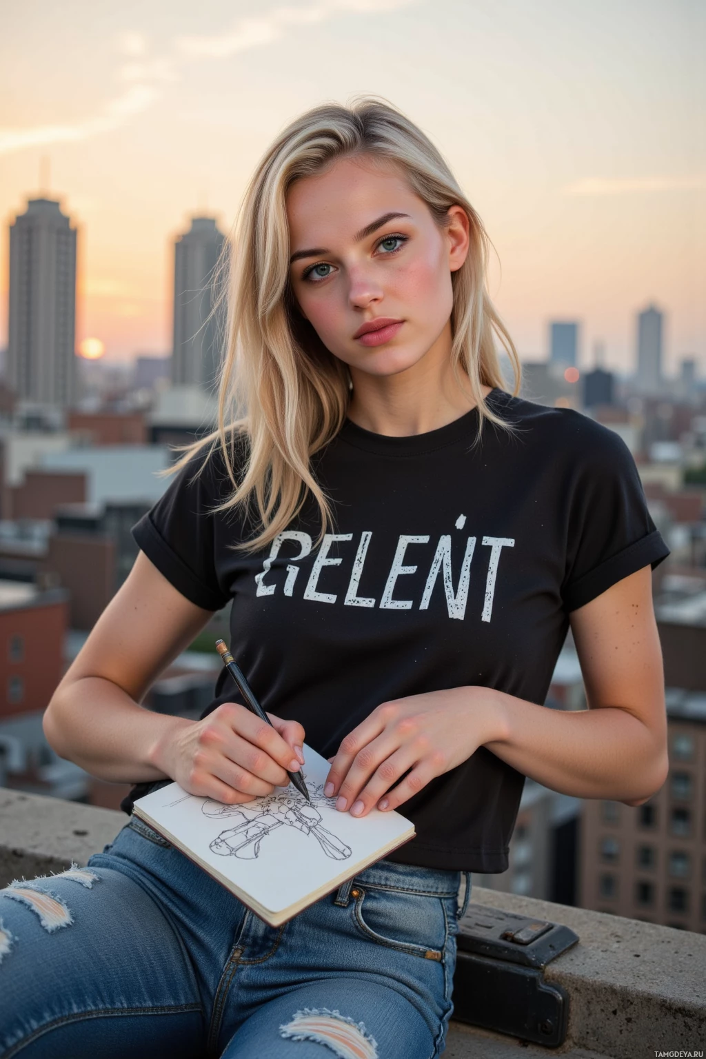 Realistic high quality photo. 28‑year‑old woman with edgy, platinum blonde tousled hair, bright blue eyes, porcelain skin, wearing denim jeans, a black graphic t‑shirt, scuffed combat boots, standing on a rooftop at sunset, cityscape below, sketching a rebellious outline in a notebook while winking.