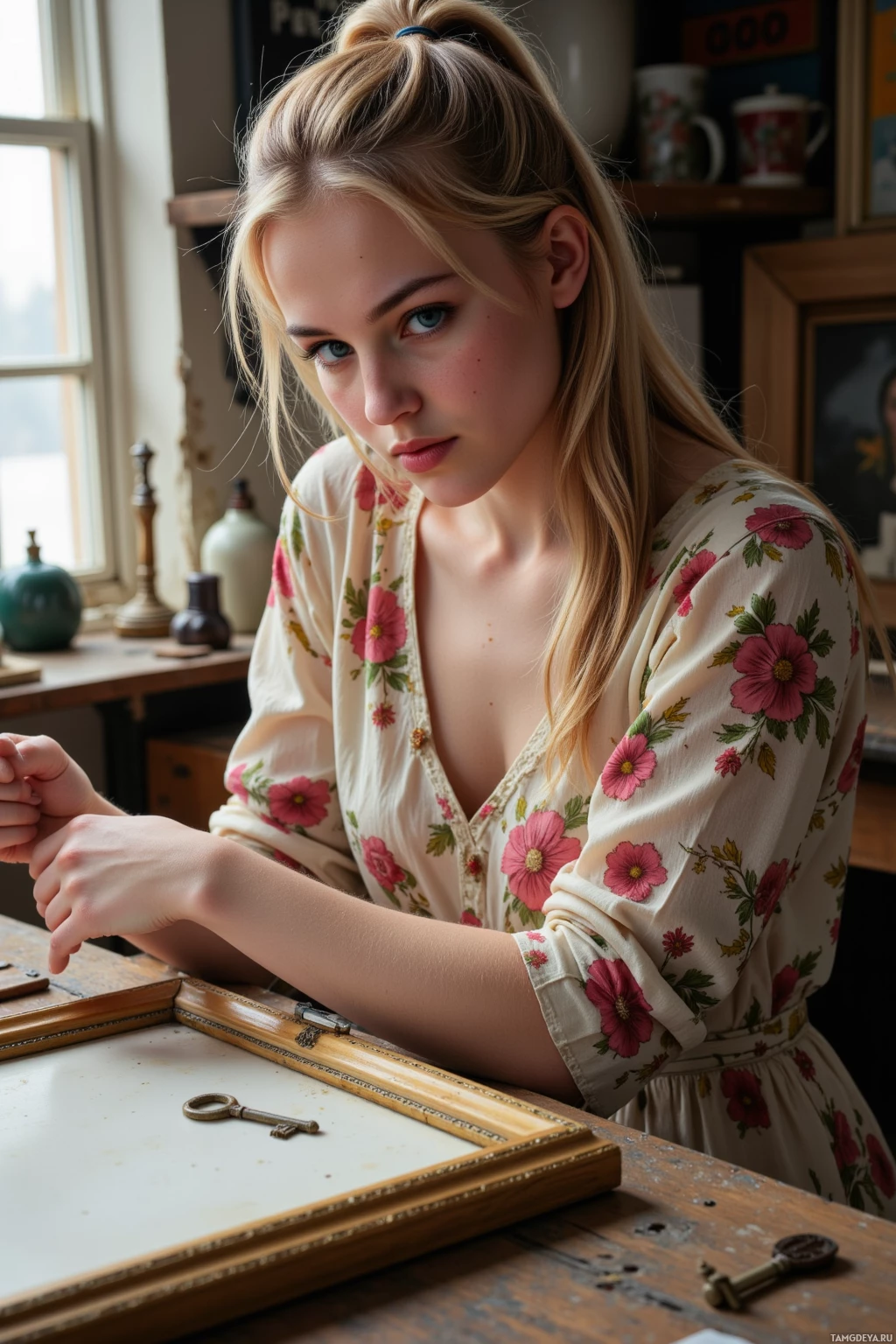 Realistic high quality photo. Woman in her early thirties with long blonde hair tied loosely in a ponytail, blue‑green eyes and pale skin wearing a vintage floral dress sits at a cluttered wooden workbench, carefully tightening brass screws on an antique picture frame while placing an old key as a spacer among the edges, light filtering through a nearby window.