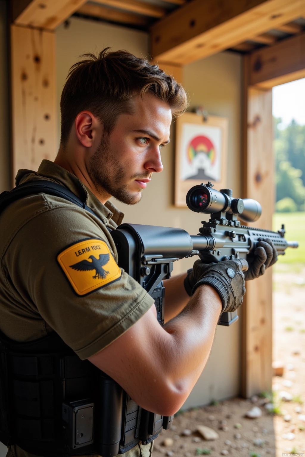 Realistic high quality photo. 28‑year‑old athletic man with short light brown hair and piercing blue eyes in tactical gear featuring a hawk emblem, holding a scoped rifle on a wooden target at an afternoon indoor shooting range, fine‑tuning the scope while barrels cool.