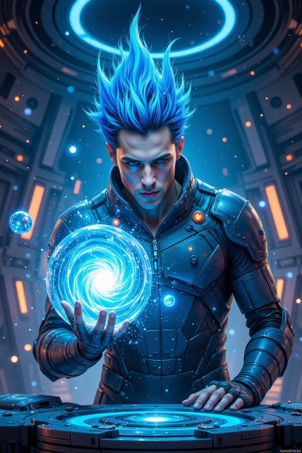 Realistic high quality photo. male, 27-year-old tall man with spiky electric blue hair and piercing blue eyes, pale skin, angular features, wearing a sleek metallic jumpsuit, launching a swirling swarm of nanites from a glowing console in a high‑tech server lab at night with holographic data streams above zero‑gravity nap pods, radiating energetic speed and innovation