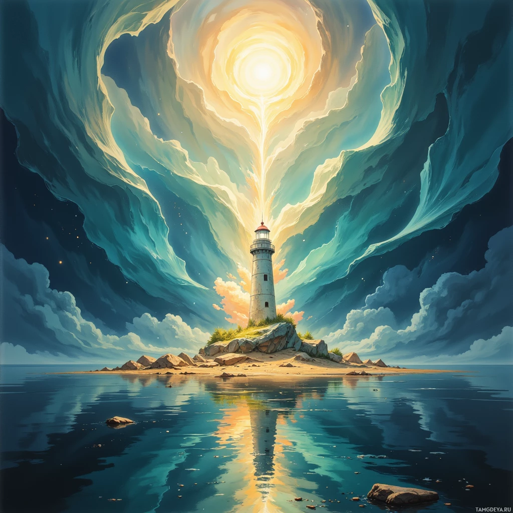 Semi-abstract image with many empty light space at center of beautiful background, that is suitable for the post:  I’m a lighthouse keeper on a glass ocean—guiding others while my own reflection erodes.