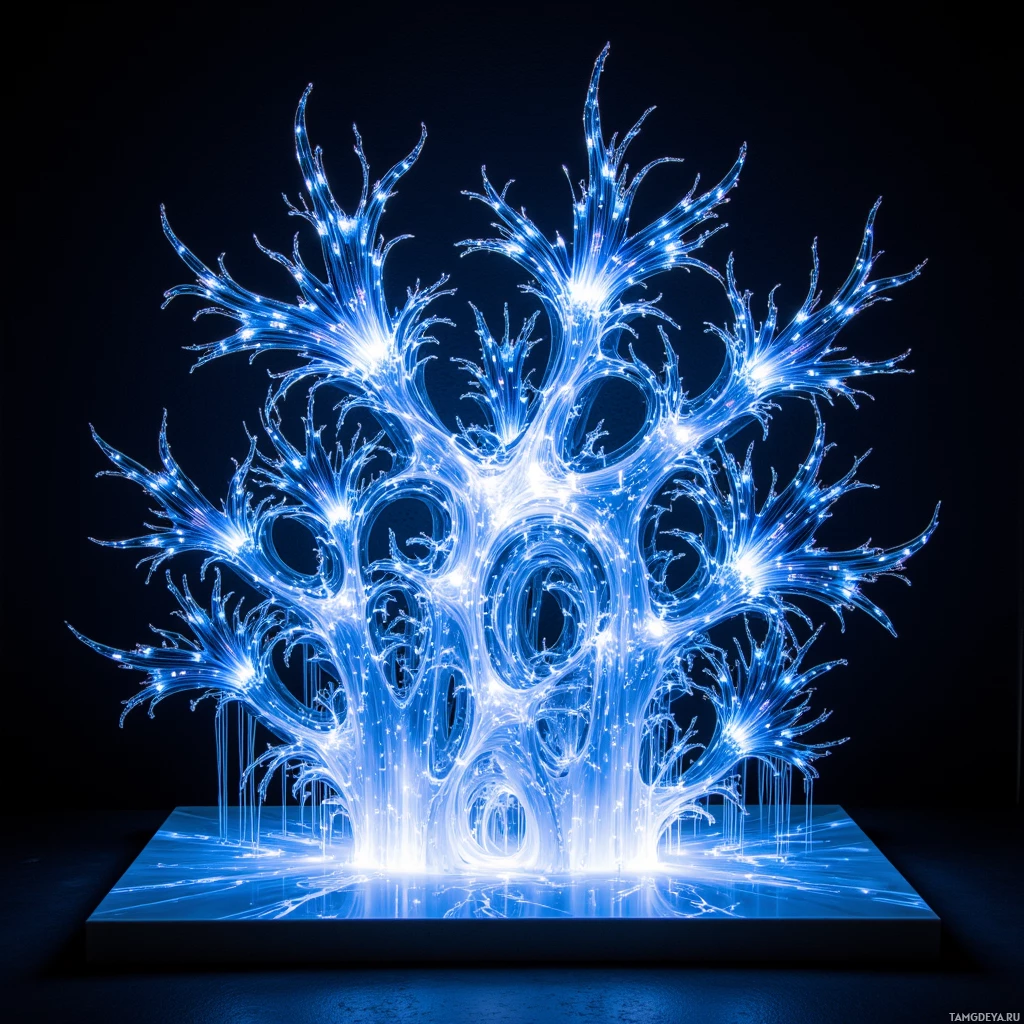 Semi-abstract image with many light, that is suitable for the post:  A silent kinetic fractal sculpture of translucent resin arms arranged on a lattice of carbon‑nanotube filaments, lit by micro‑LEDs that pulse in sync with ambient sound and cascade chromatic patterns as the geometry constantly shifts.