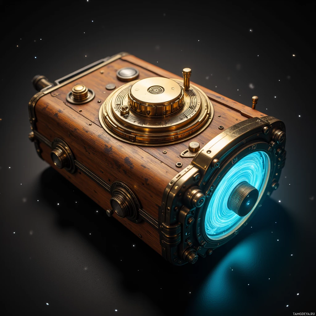 Semi-abstract image with many light, that is suitable for the post:  A vintage brass handheld scanner with a polished wood‑finished casing, a fine brass dial, intricate sensor array protruding from the front, sleek lines and subtle chrome accents, all illuminated by soft blue audio wave patterns along its edges.