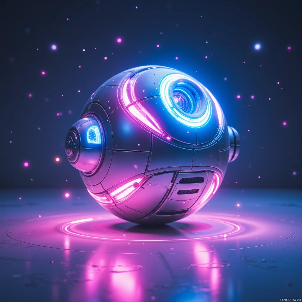 Semi-abstract image with many light, that is suitable for the post:  shiny silver sphere hoverpod with swirling neon blue and pink lights, magnetic levitation, exposed solar panel strips, integrated Wi‑Fi antenna, tiny speaker grill, sleek minimalist futuristic design