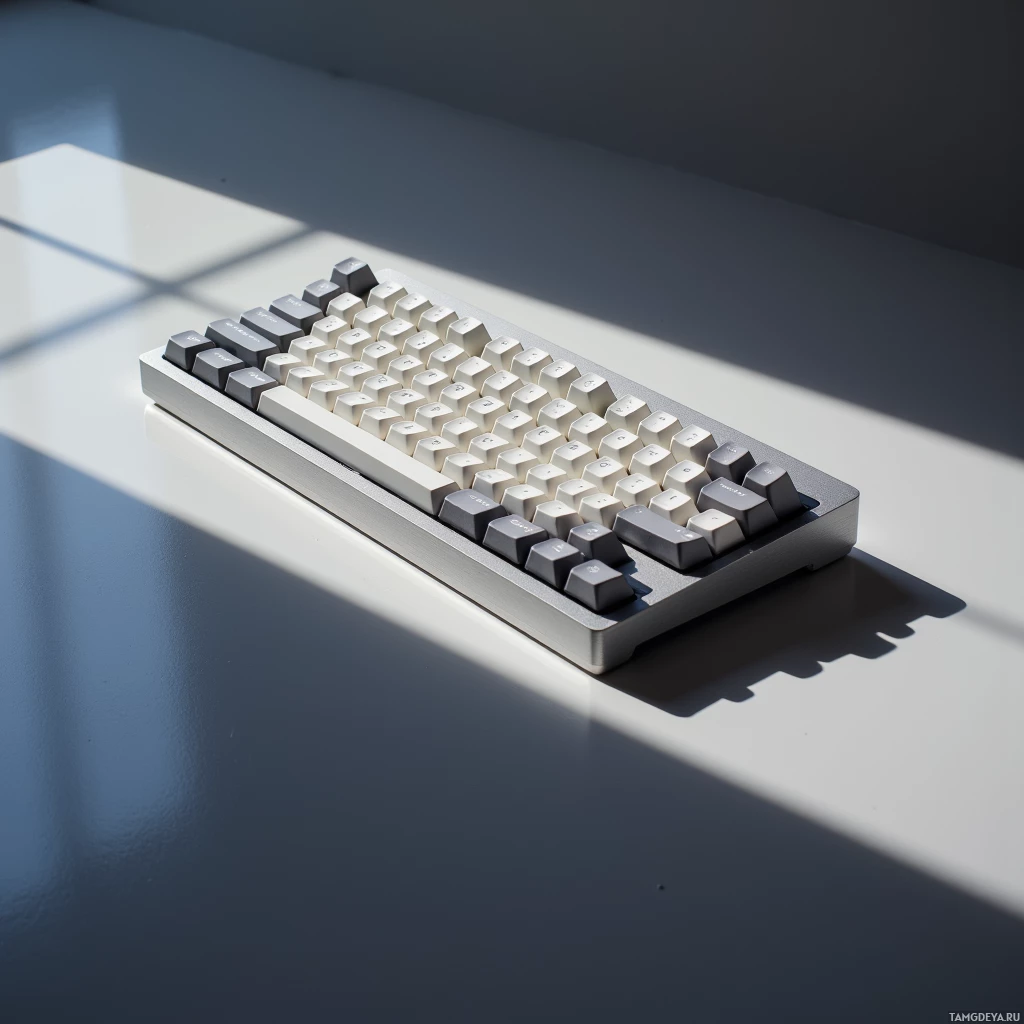 Semi-abstract image with many light, that is suitable for the post:  sleek aluminum ortholinear keyboard with a minimalist matte finish, featuring tiny translucent white keycaps and silent low‑profile Cherry MX switches, a precision metal frame, and click‑click keycap tabs for easy swapping.