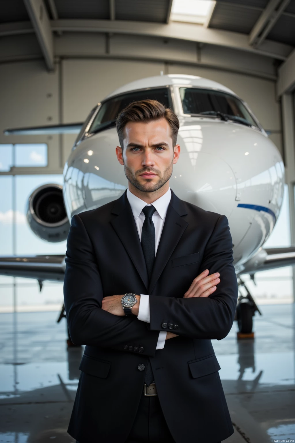 Realistic high quality photo. Male, 29, slicked-back light brown hair, piercing blue eyes, fair skin, wearing a sharply tailored black suit, crisp white shirt, narrow tie, standing in the pristine interior of a private jet prep hangar at morning, frowning with arms crossed while tapping his wristwatch, surrounded by gleaming aircraft and polished concrete.