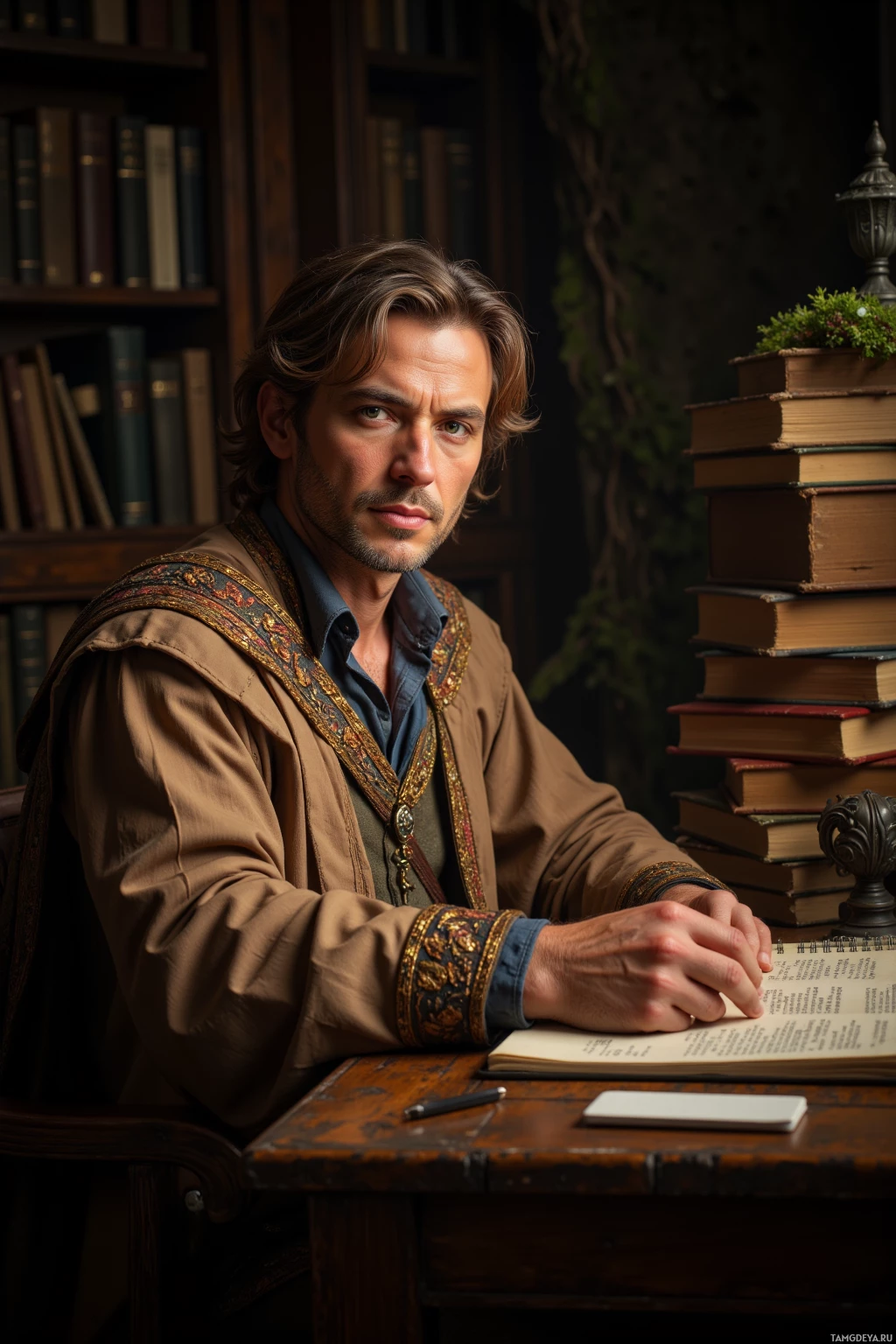 Realistic high quality photo. A 45‑year‑old scholarly man with light brown wavy hair in a loose ponytail and soft green eyes, wearing earth‑tone academic robes with gold embroidery, sits at a wooden desk in a dim study filled with stacks of ancient books and a modern notebook, illuminated by a faint green glow from a moss‑covered lamp as evening shadows lengthen across the room.
