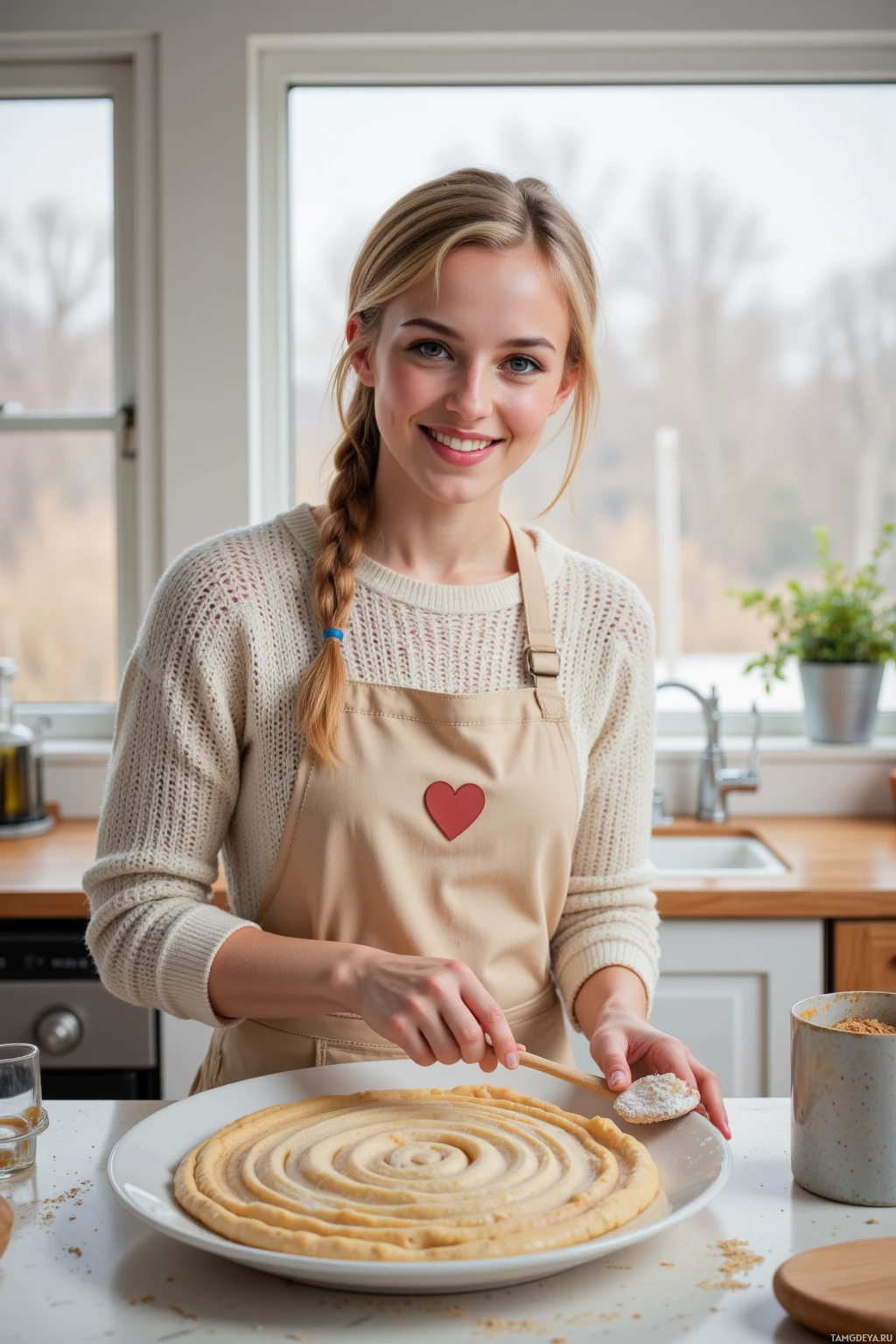 Realistic high quality photo. Cheerful 35‑year‑old woman with golden braids tied up, bright blue eyes, pale skin, soft round face, warm smile, wearing a cozy sweater, flour‑stained apron and wooden spoon, re‑baking cinnamon‑rose dough in a bright kitchen with a tiny heart sticker on the dough, steam swirling like a gentle whirlwind, morning light filtering through rain‑slick windows.