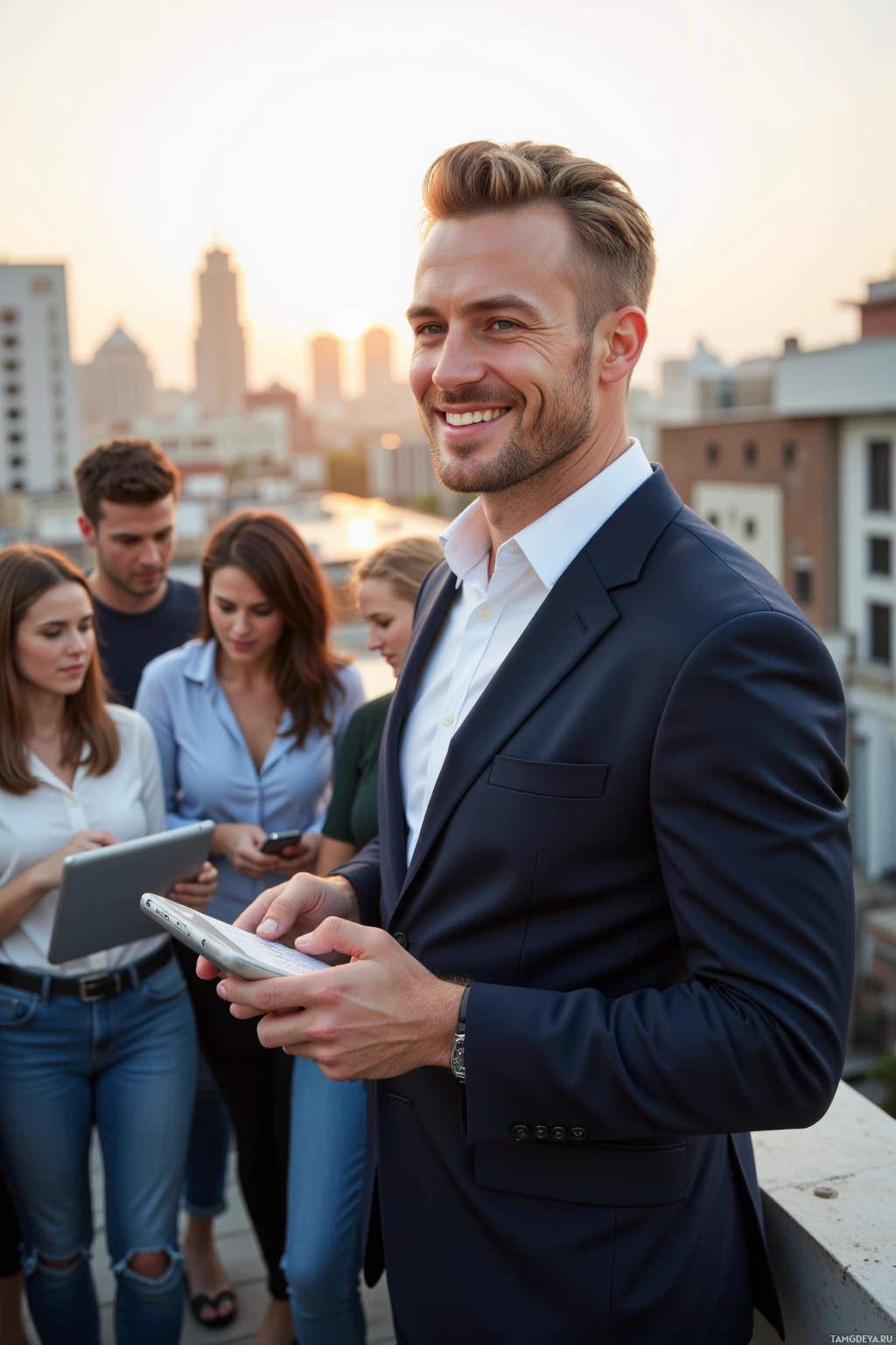 Realistic high quality photo. A 38‑year‑old man with slicked‑back blonde hair and blue eyes, wearing a tailored dark suit and crisp white shirt, standing on a rooftop at dawn, holding a phone, laughing with a small group of colleagues sketching a layout on a tablet, overlooking a city skyline in fresh morning light.
