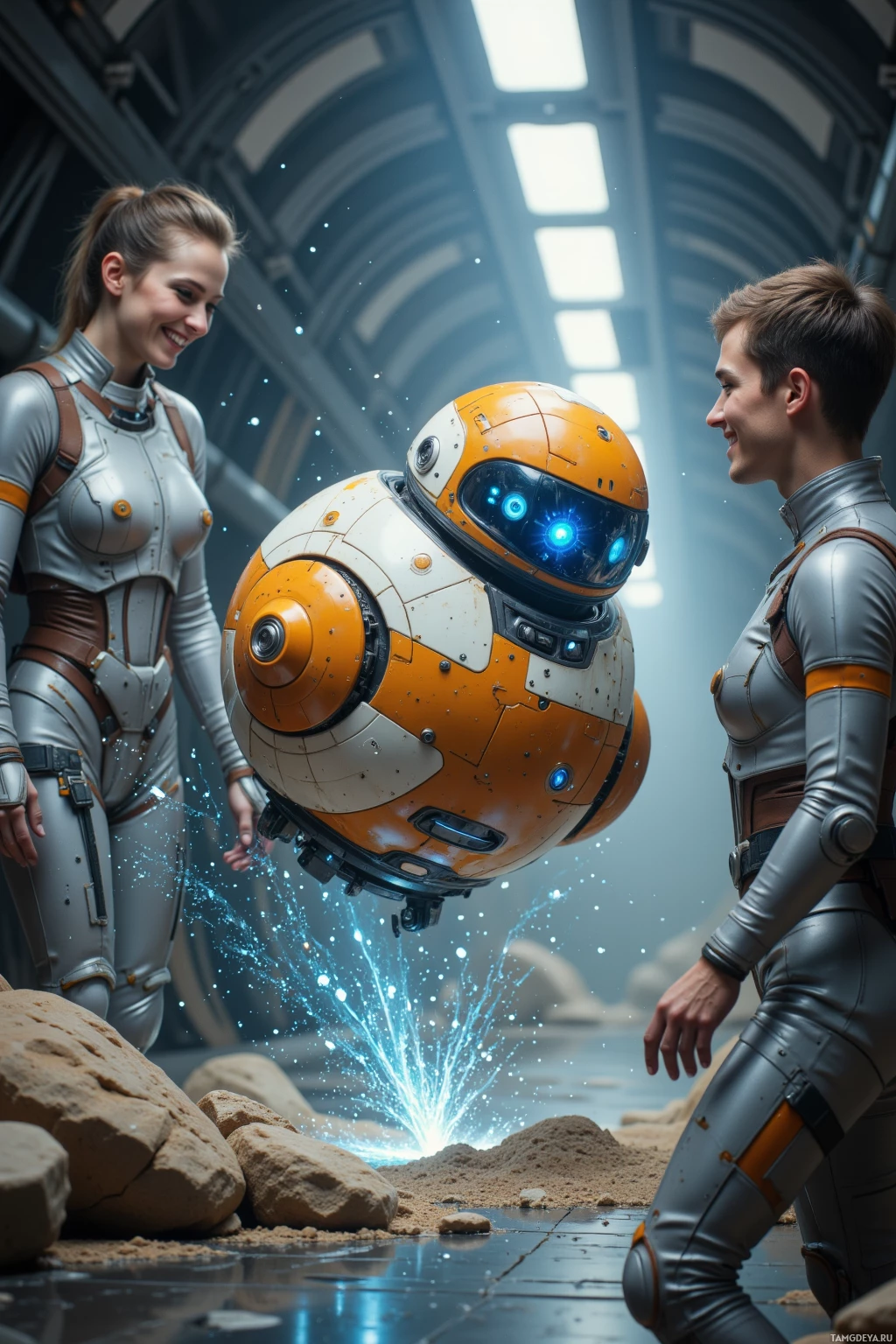 Realistic high quality photo. A small spherical scout droid with glossy blonde-metallic chassis, white and orange panels, blue optical sensors glowing, spinning like a miniature tornado in a cramped spacecraft docking bay while its wrist scanner releases glittering energy crystals, crew members in reflective gray suits laugh around it under overhead fluorescents, dust motes spiraling in the air.