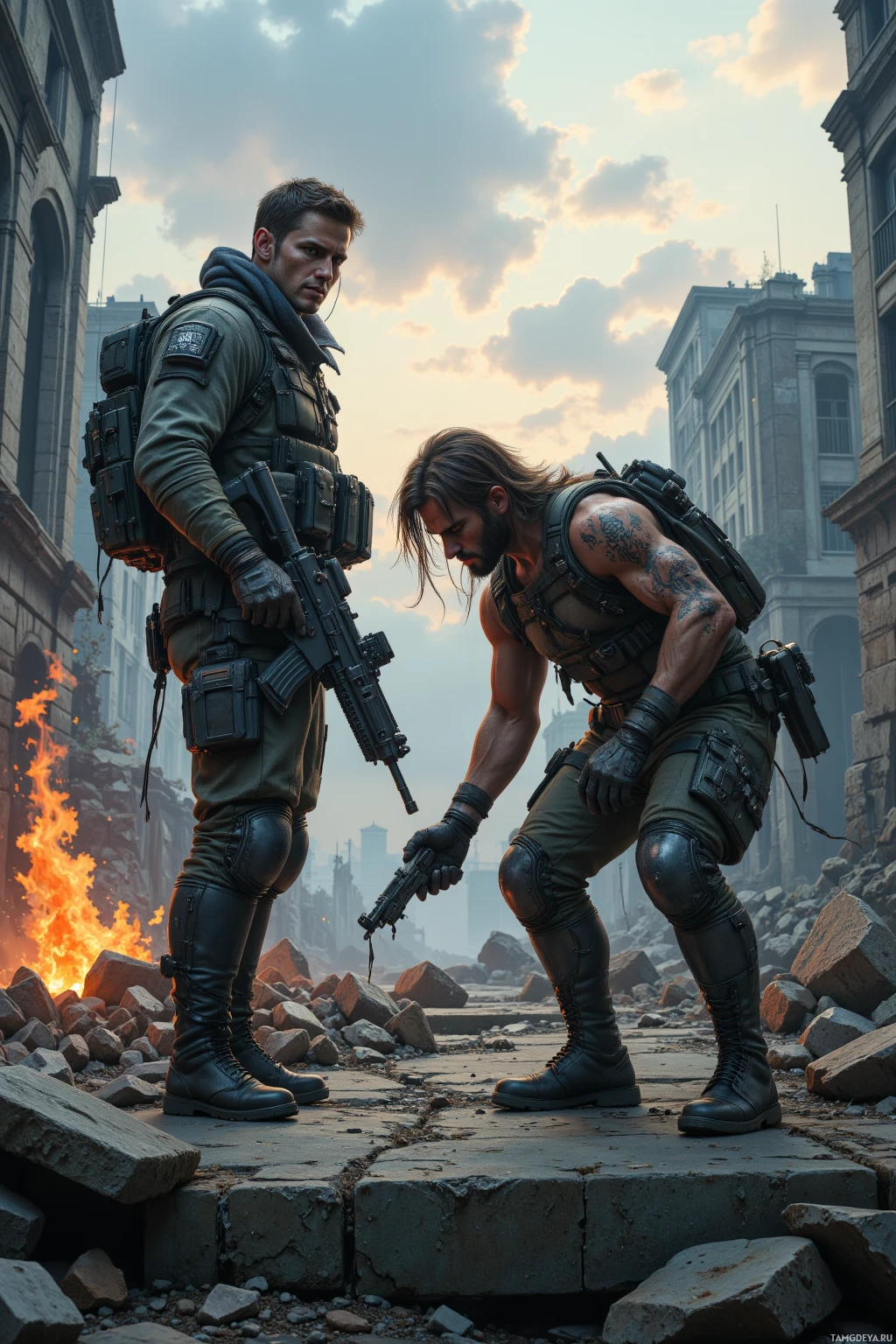 Realistic high quality photo. A tall man with short dark brown hair and piercing blue eyes in rugged tactical gear stands on a broken bridge over cracked concrete, holding weapons ready as a ragged scavenger attempts to pry an old radio from wreckage, wind whipping through the ruins at dusk.