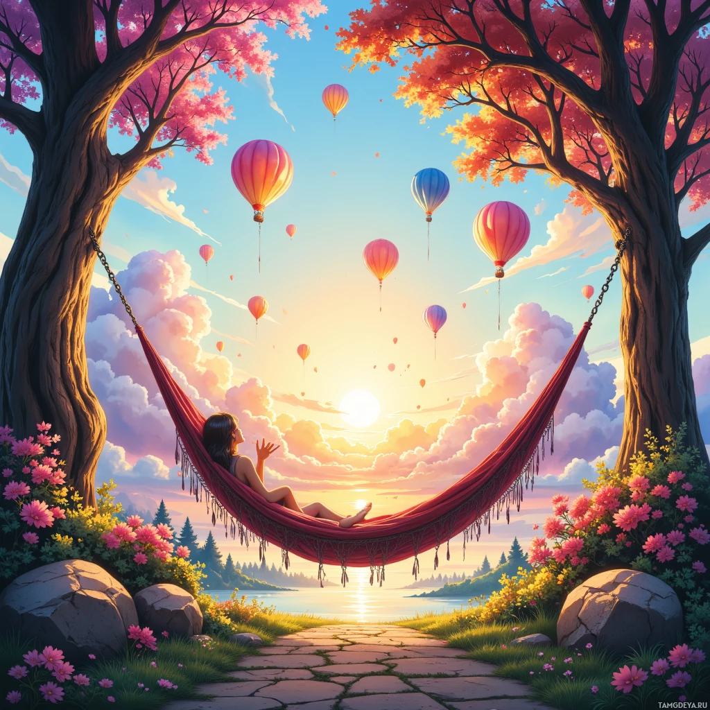 Semi-abstract image with many empty light space at center of beautiful background, that is suitable for the post:  A hammock hanging from a cloud, where worries bounce like helium balloons toward sunrise.