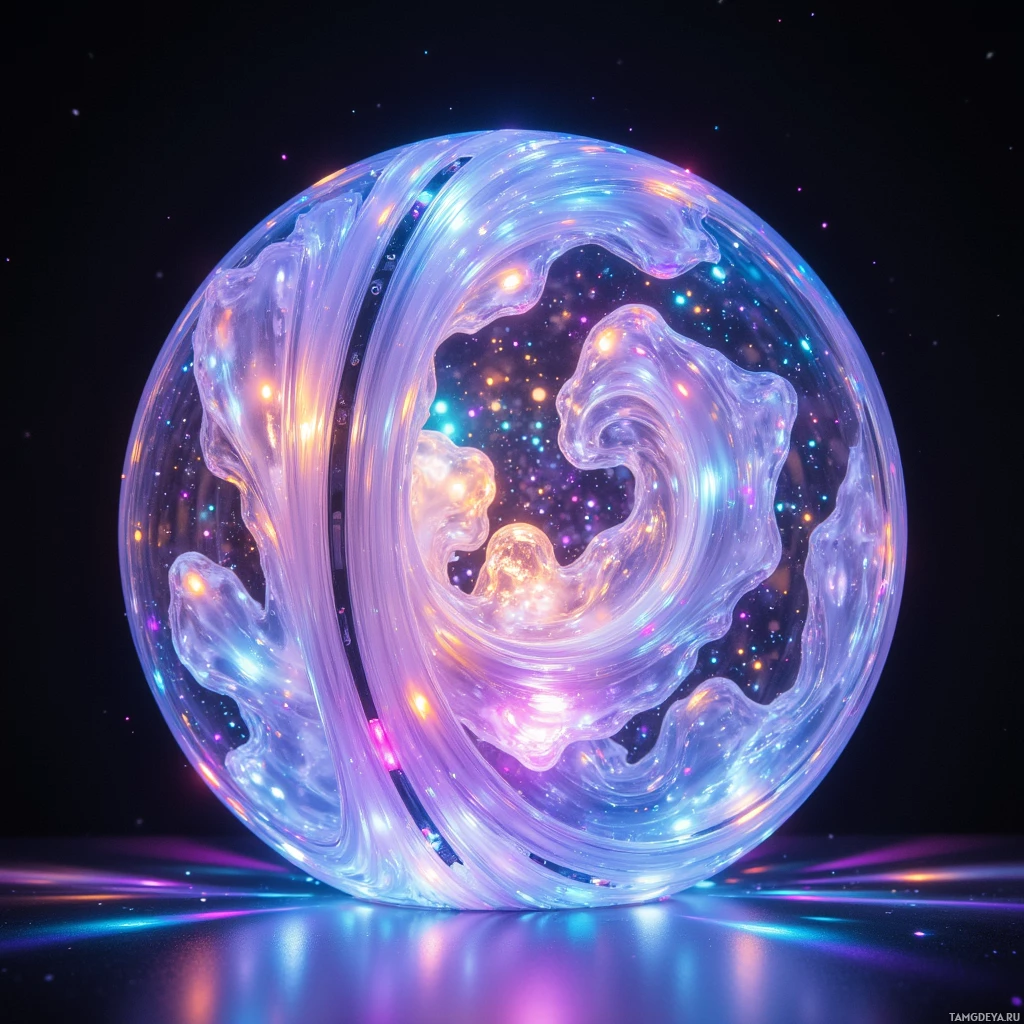 Semi-abstract image with many light, that is suitable for the post:  Compact kinetic sculpture with a translucent glass shell embedded with micro‑actuators and adaptive LEDs, its surface shimmering with shifting holographic shapes in iridescent pastel hues.