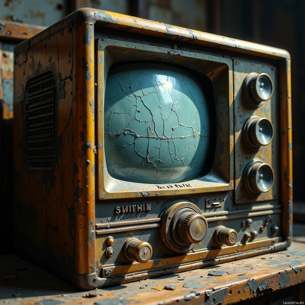 Semi-abstract image with many light, that is suitable for the post:  Dusty hand‑cranked rotary dial television, brass body cracked like a forgotten map, black CRT screen flickering with static, vintage vinyl‑record speaker, rusted power switch, thin film of grime, worn brass knobs still turning.